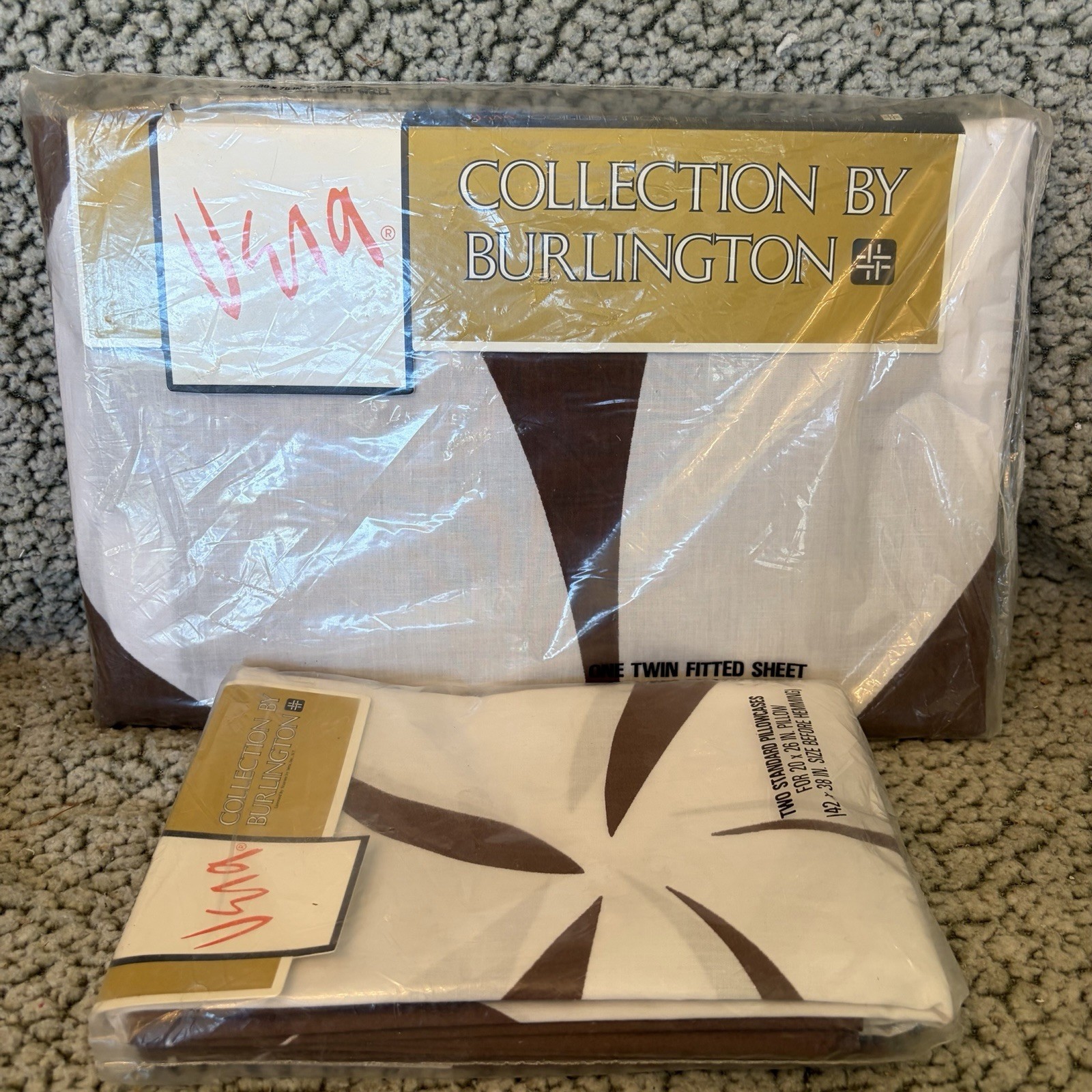 Vtg NOS Vera Collection Twin Fitted Sheet And 2 Pillow Cases Brown Silhouette