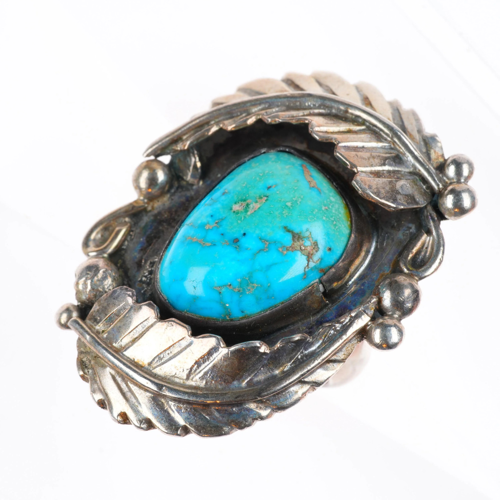 sz9.5 big vintage Navajo sterling silver feather ring with nice turquoise