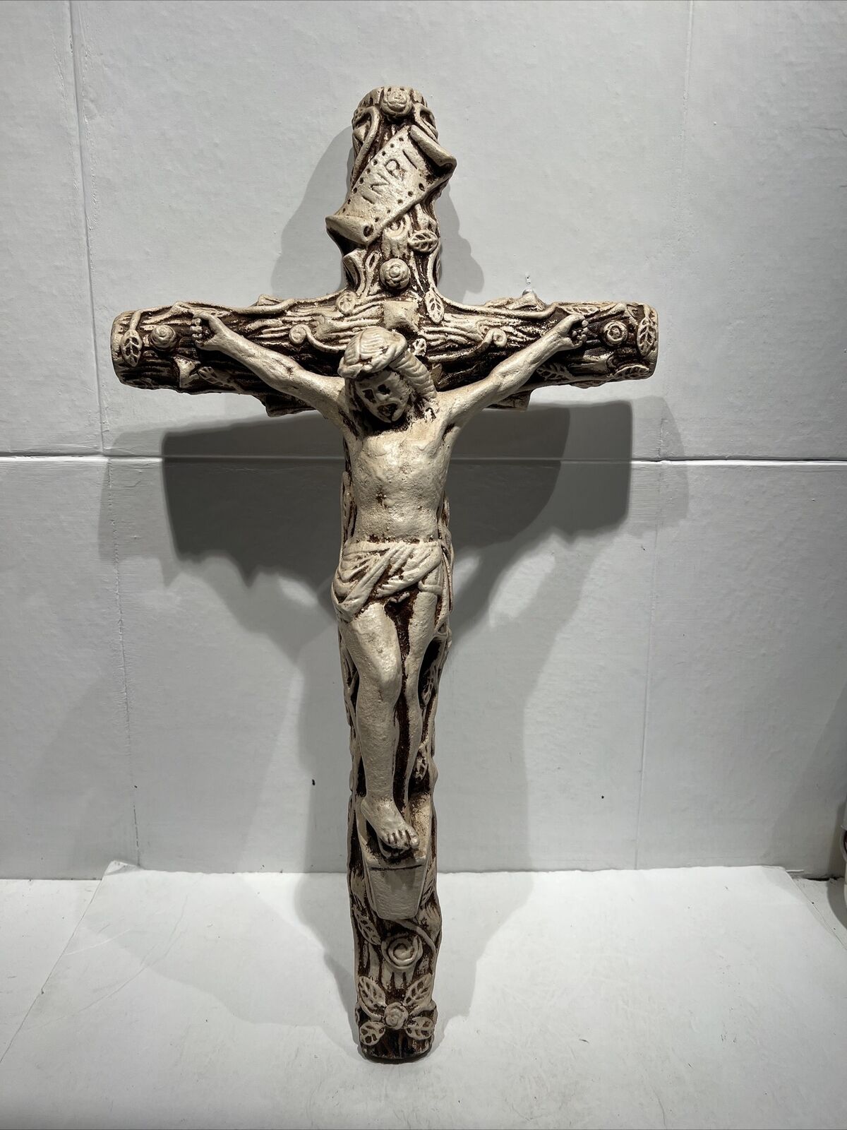 Vtg Large Chalkware Heavy INRI Crucifix Cross Wall Art 13x22 inch Jesus Christ