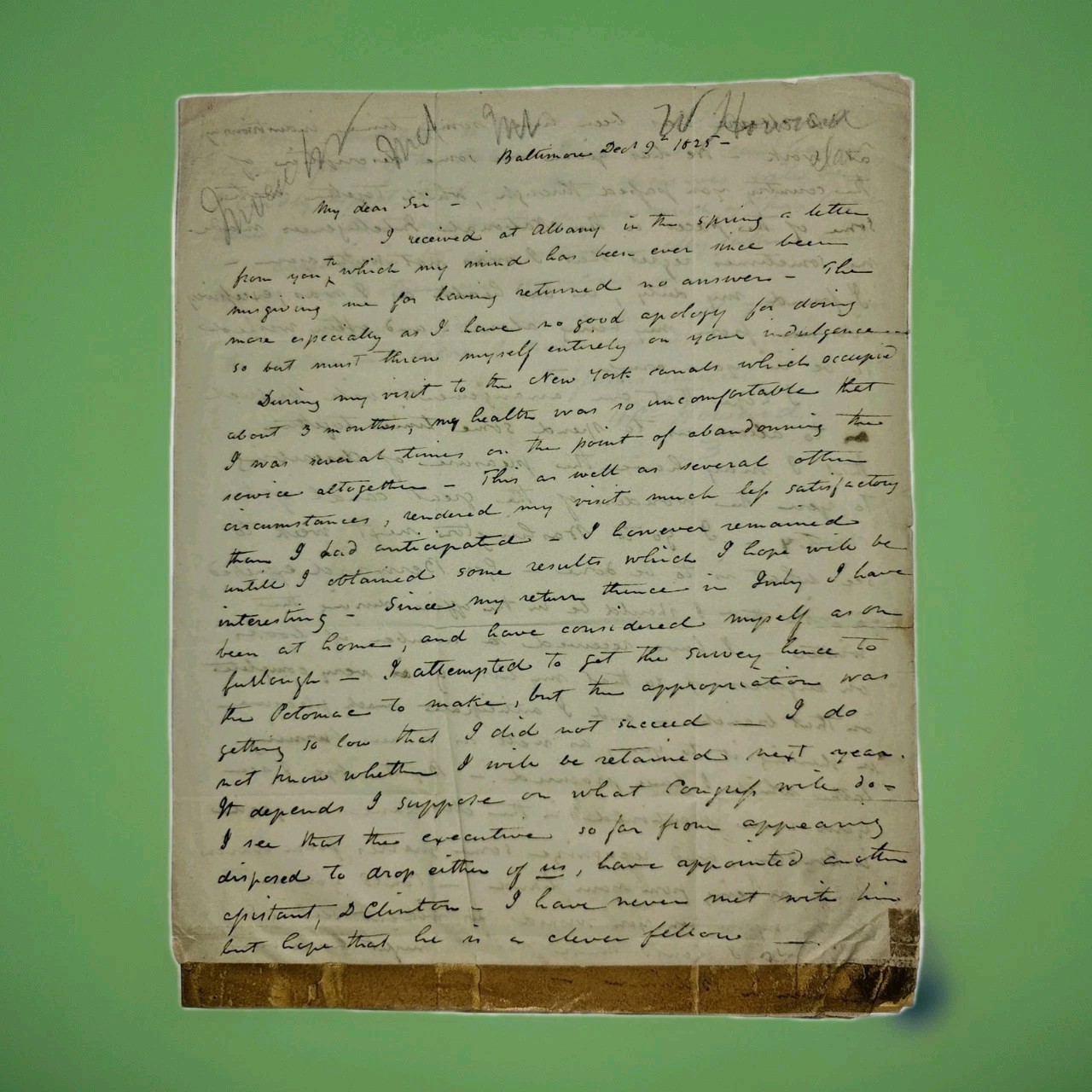 1825 William Howard ALS to James Shriver - Chesapeake & Ohio Canal Survey