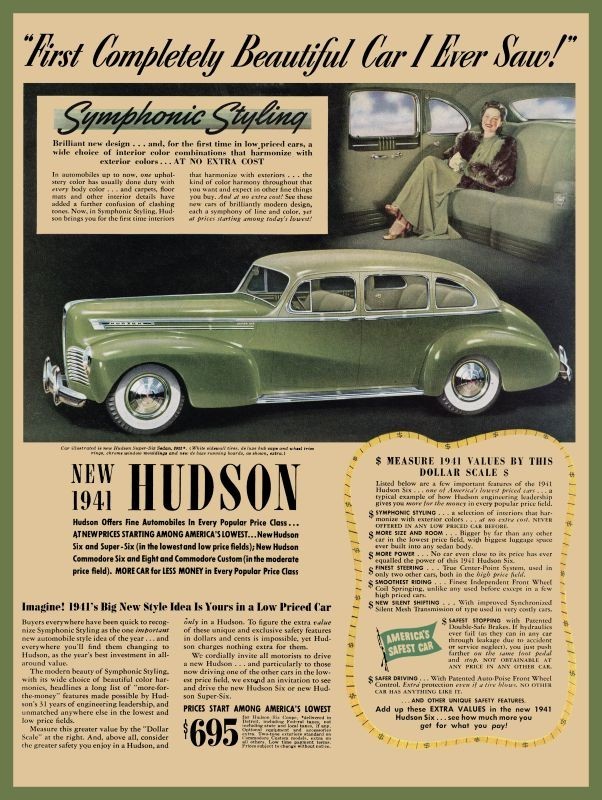 1941 Hudson Super Six Sedan Auto in Green New Sign: 24x30\