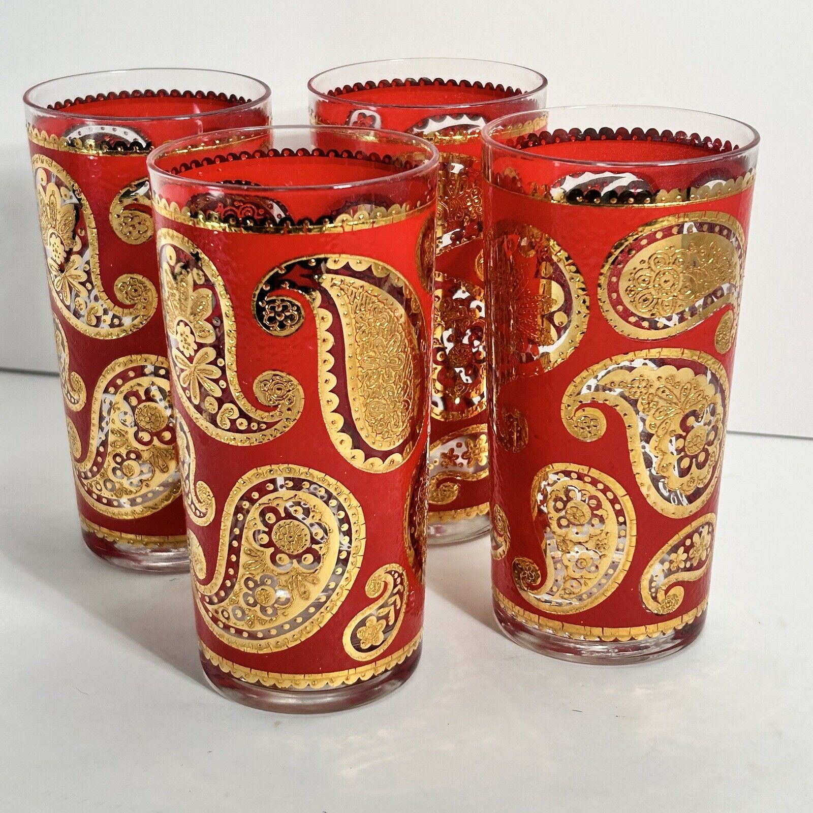 Vintage Set Of 4 Culver Red and Gold Paisley High Ball Glasses Regency Boho MCM