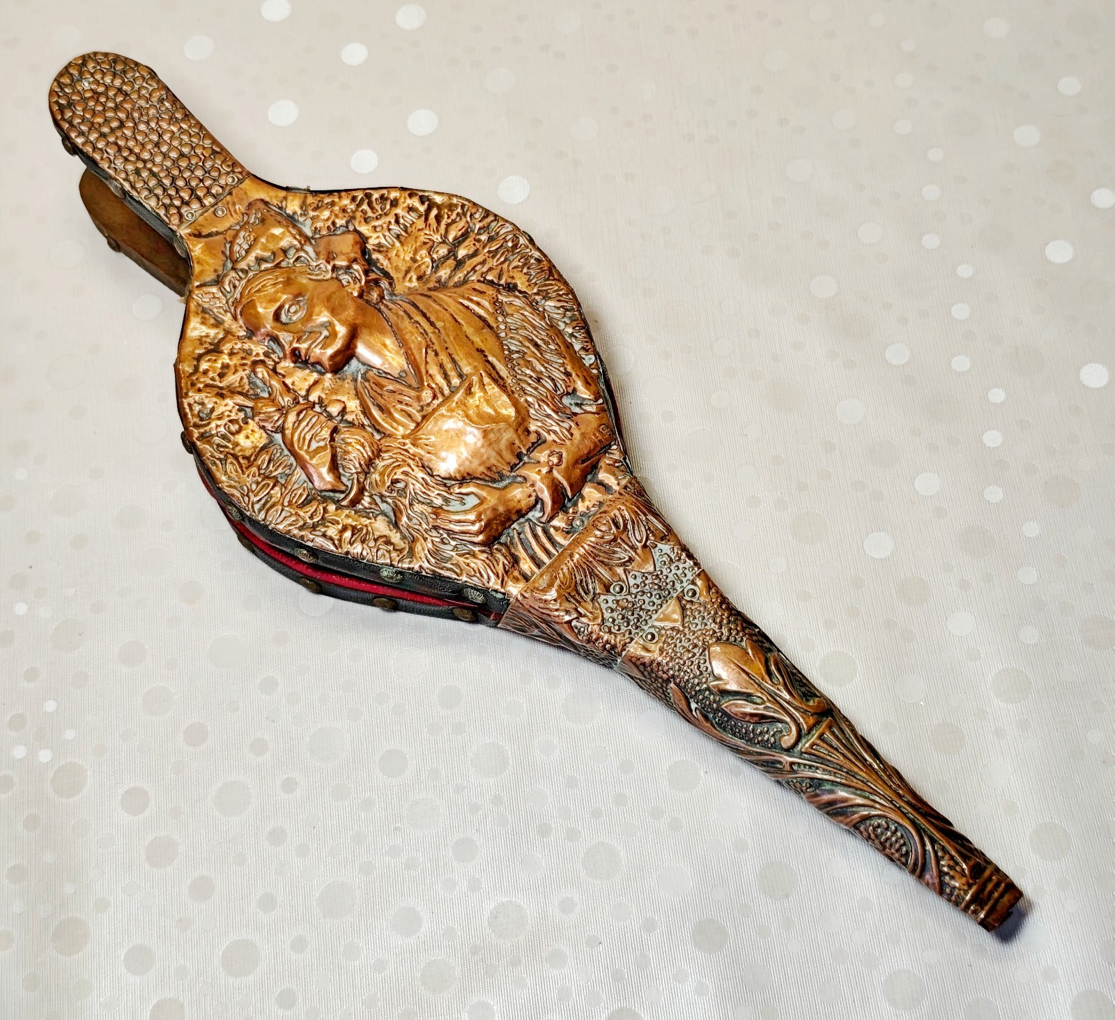 Vintage Embossed Copper Fireplace Bellows Wood Air Blower Hearth Pub Decor 1960s