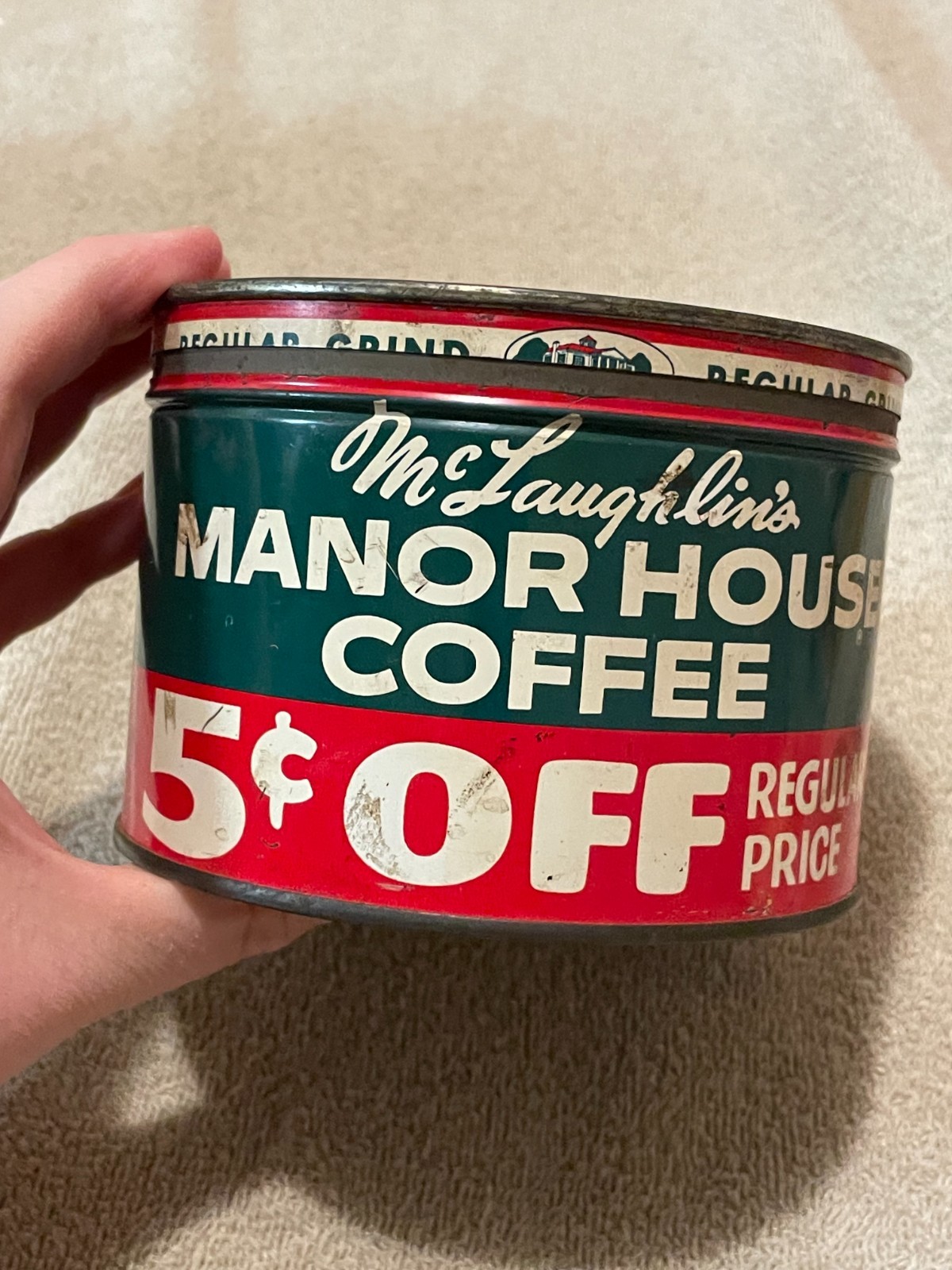 Vintage McLaughlin's Manor House Metal Coffee Can One Pound As seen