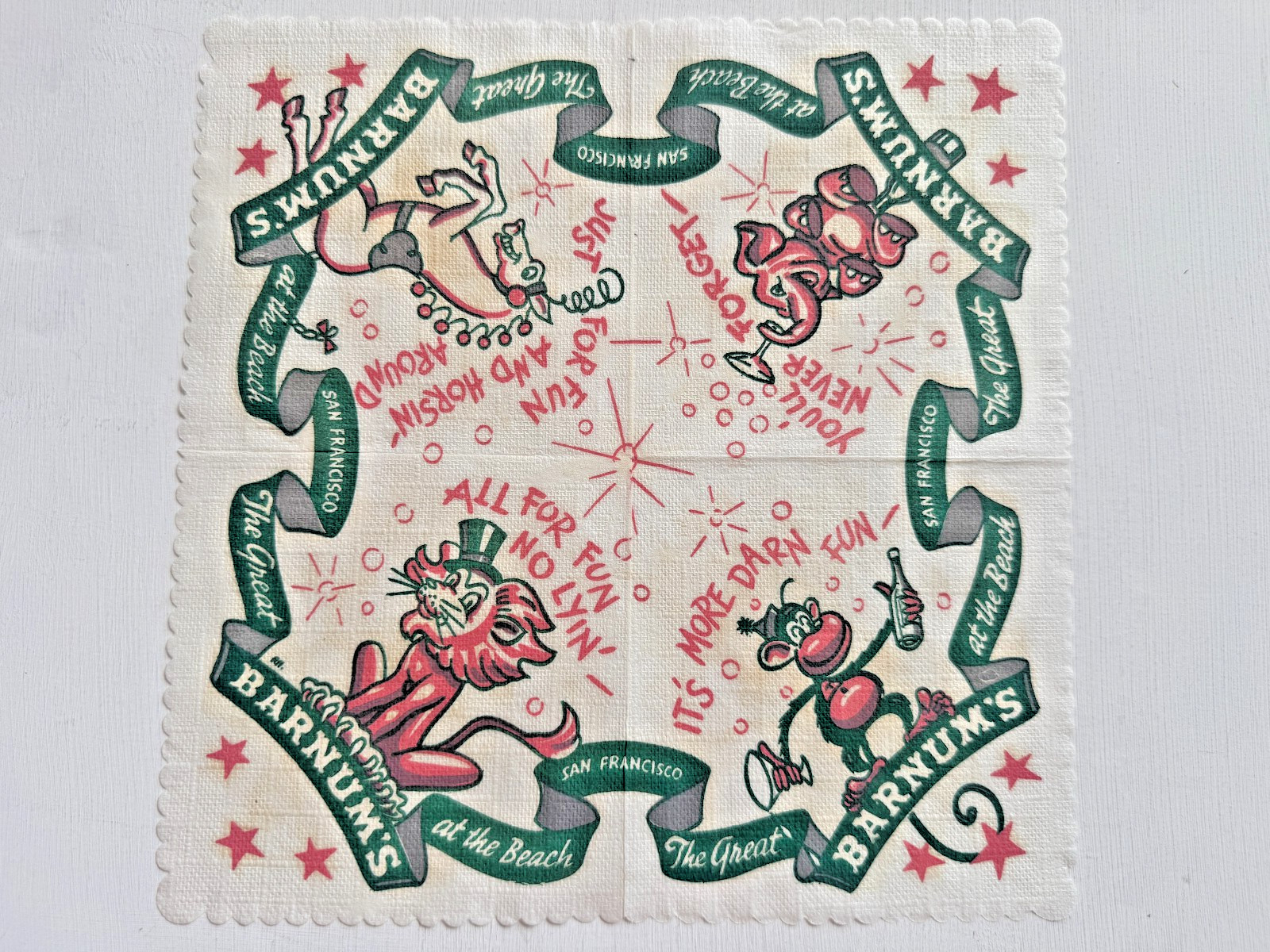Original 1950\'s Barnum\'s At the Beach Bar Lounge Cocktail Napkin Monkey Lion Original 1950\'s Barnum\'s At the Beach Bar Lounge Cocktail Napkin Monkey Lion