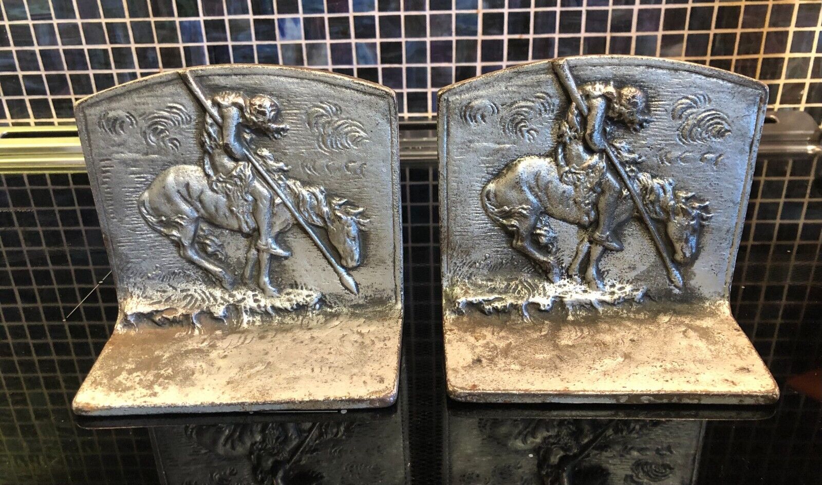 Vintage Native American Indian Warrior w/ Spear on Horse Old Metal Bookends Pair