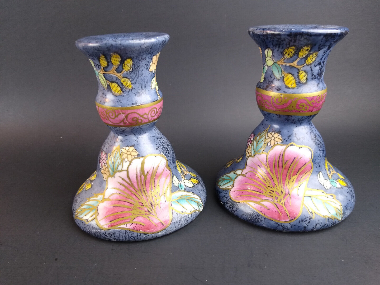 Floral Ceramic Candlesticks Toyo Set of 2 Blue Pink Gold Accents Vintage 