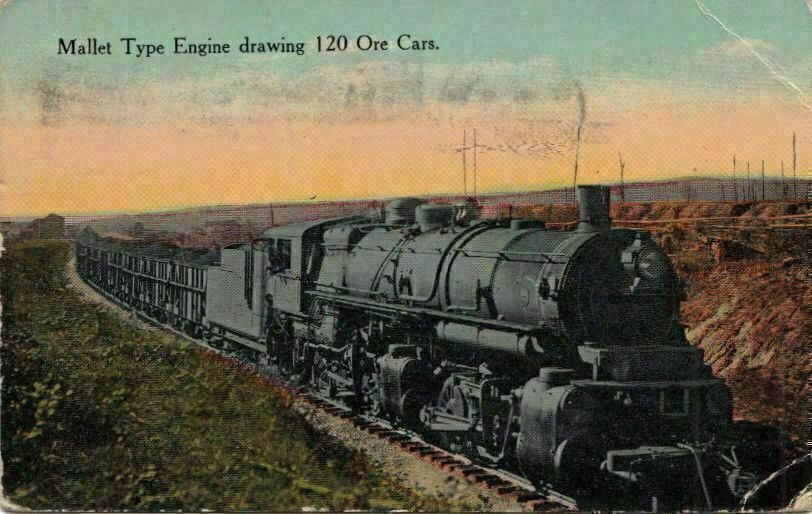 Postcard Railroad Mallet Type Engine Drawing 120 Ore Cars 1914