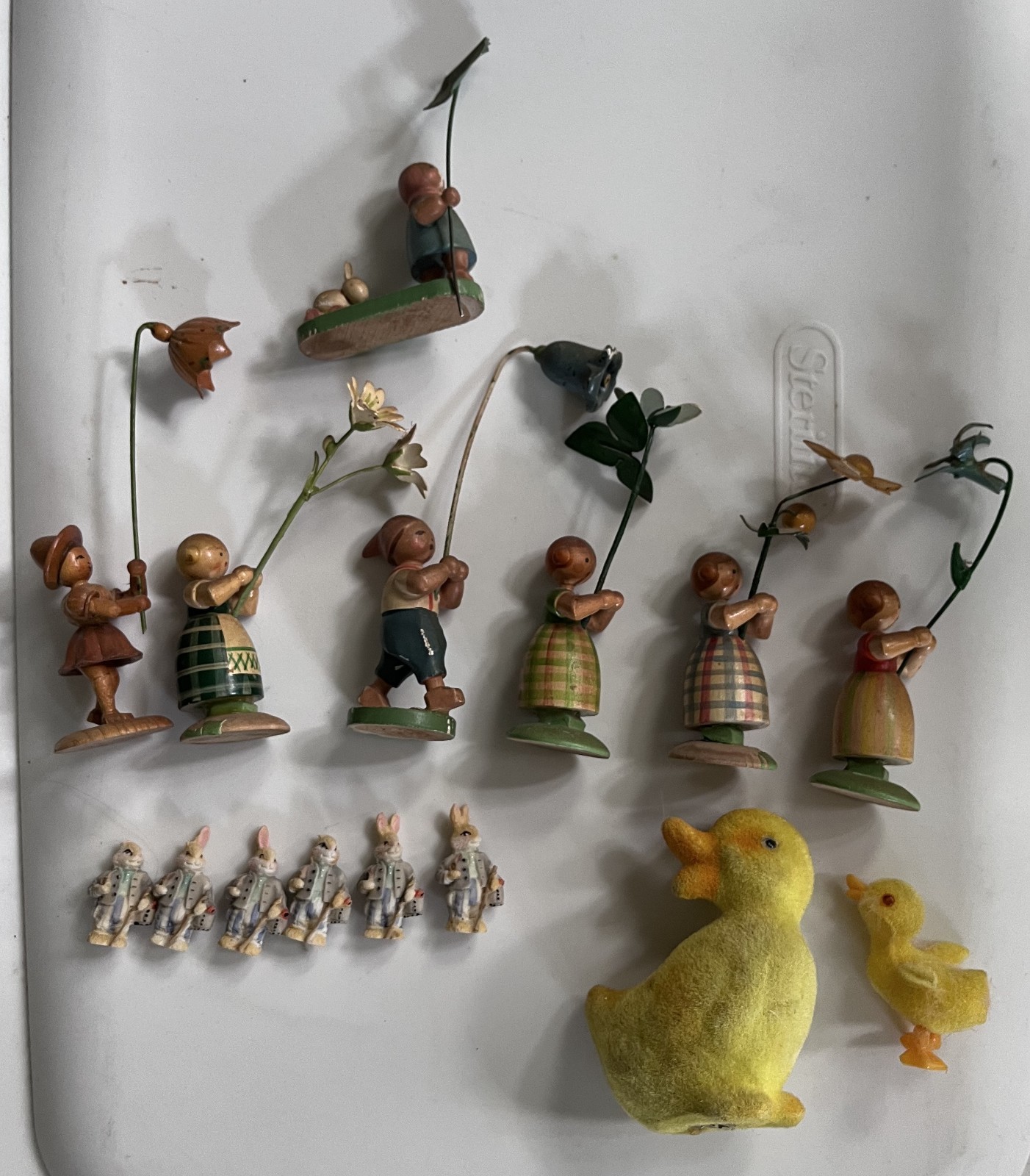 Vintage Seven Wooden Children w/Flower Figurine Hand Painted Germany