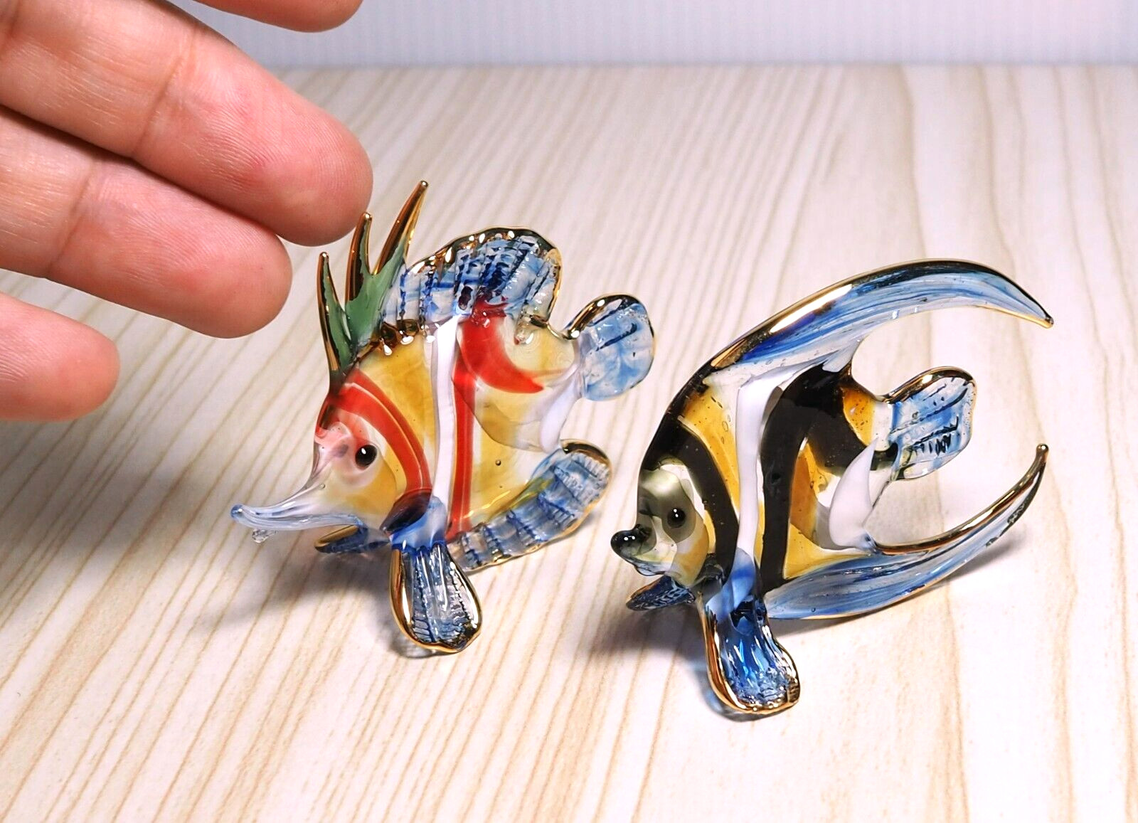 2 pcs blue maroon Angle fish figurine hand blown glass art gild 2.25\