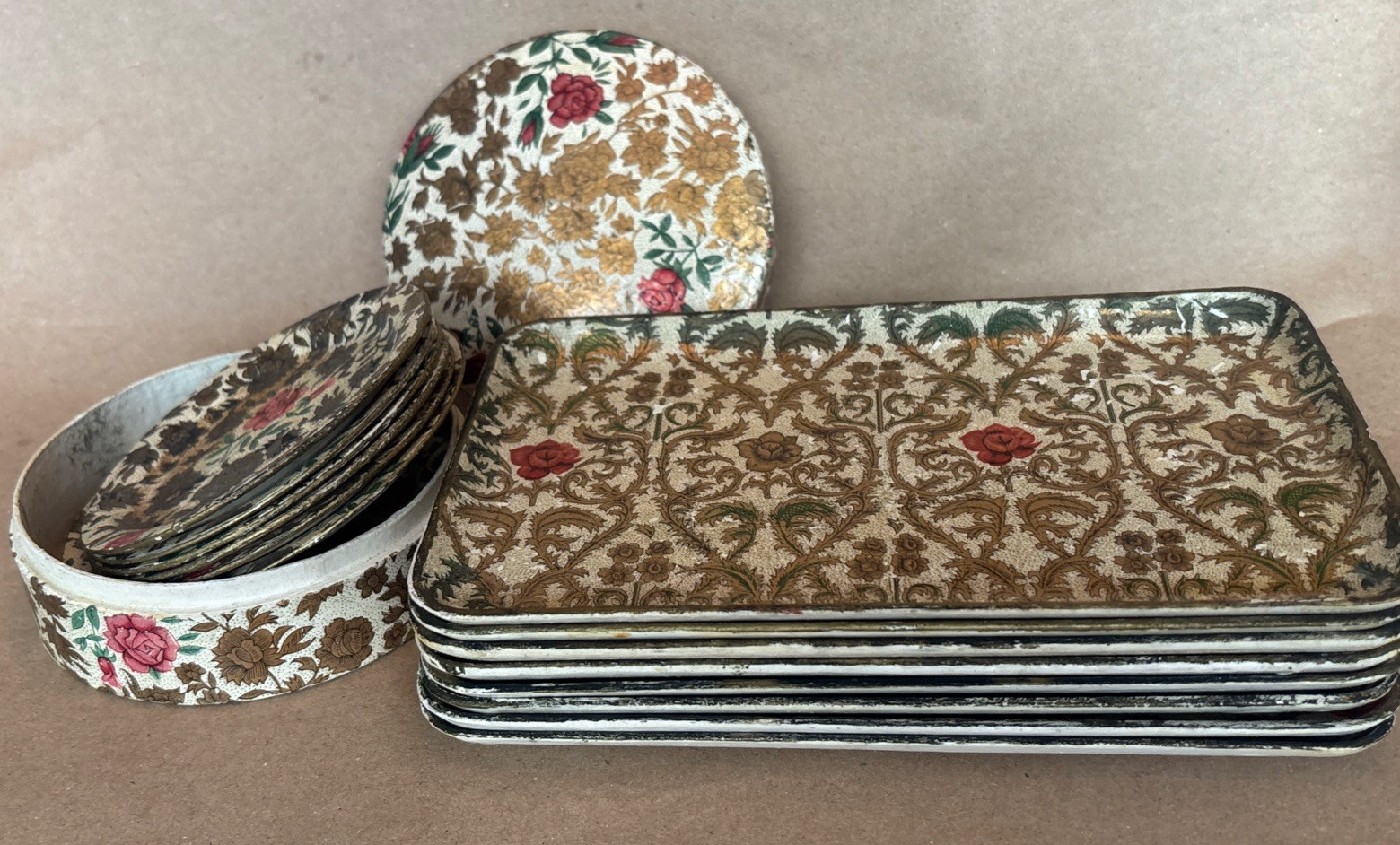 VTG MCM Japanese Papier Mache Hostess Set Gold Rose Chintz Trays & Coaster Set