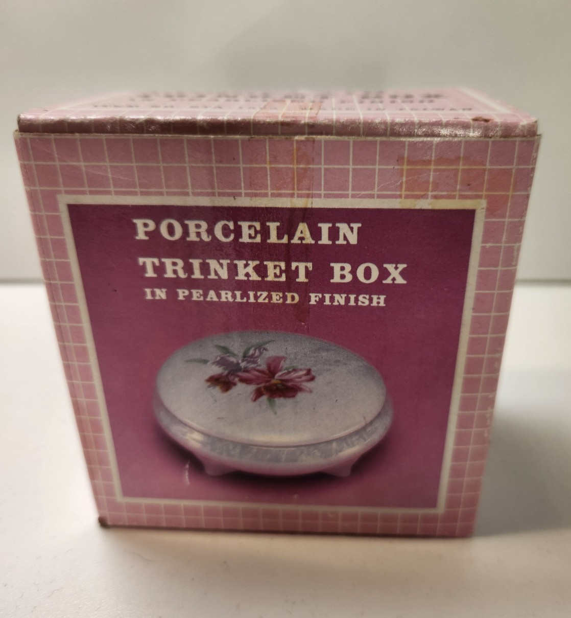 VTG Porcelain Trinket Box in Pearlized Finish with Original Box, Pink Flower