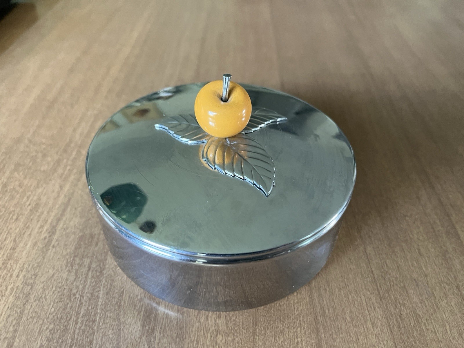 Vintage Chase USA Chrome Powder Box Dish Metal Wood Apple Leaves Art Deco