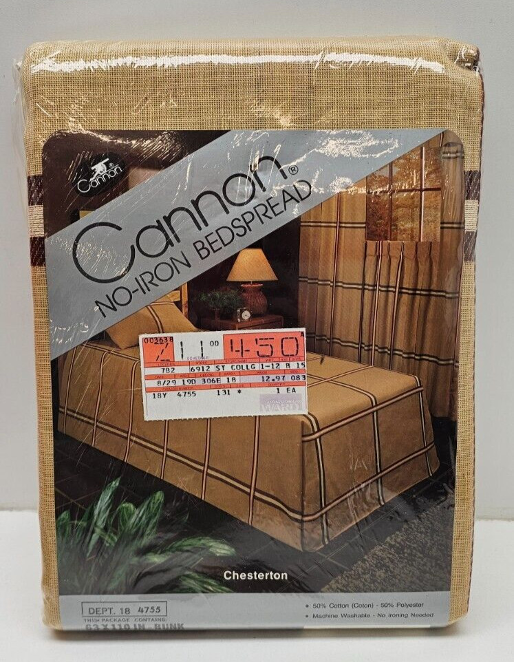 VINTAGE Cannon 63x110 In-Bunk No-Iron Bedspread & Sham Set Camel  USA NOS