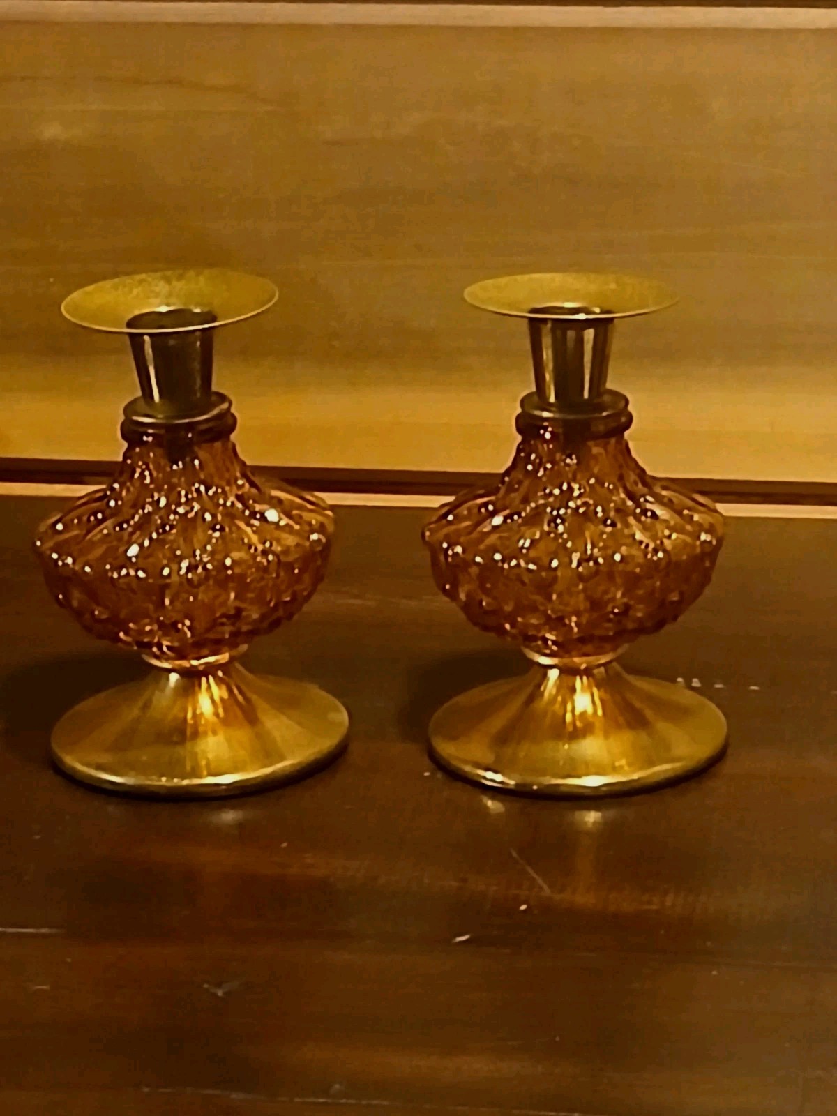 Vtg Mid Century Amber Glass Candlesticks Pair Hollywood Regency Bubble Textured Vtg Mid Century Amber Glass Candlesticks Pair Hollywood Regency Bubble Textured