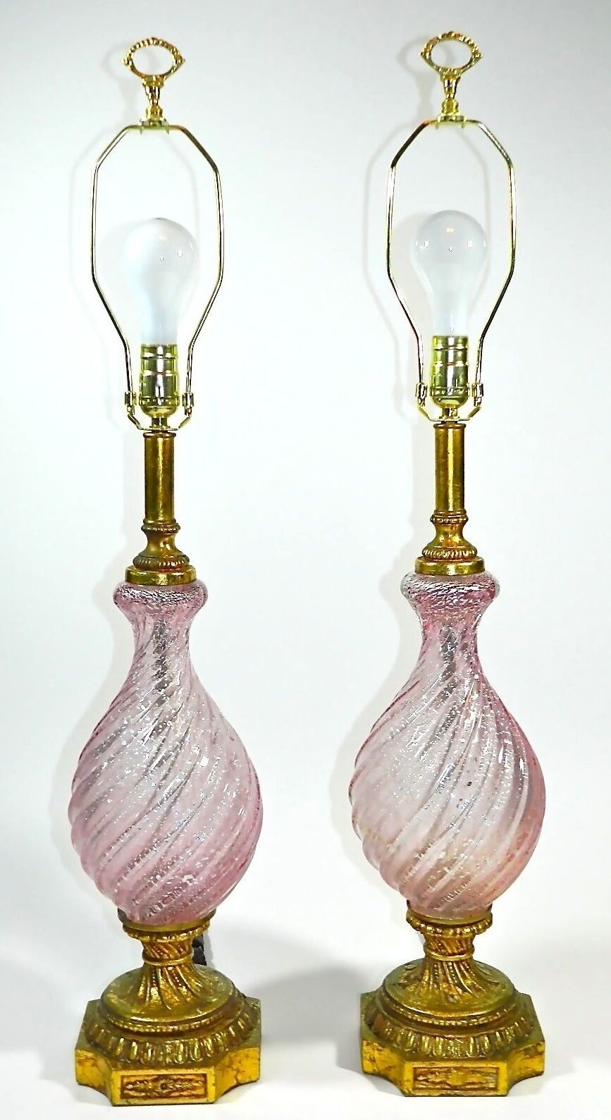 Vintage Pair Pink Murano Italian Art Glass Lamps by Barovier & Toso