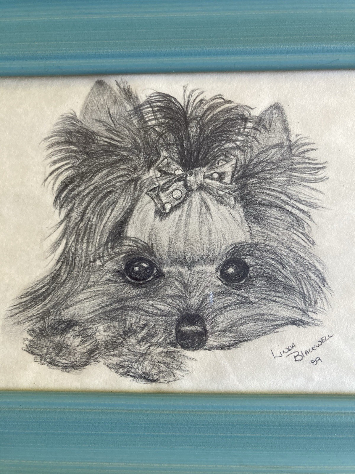VTG Yorkshire Terrier Original Drawing Dog Art, 1989, Signed, Framed Teal, 5 X 7