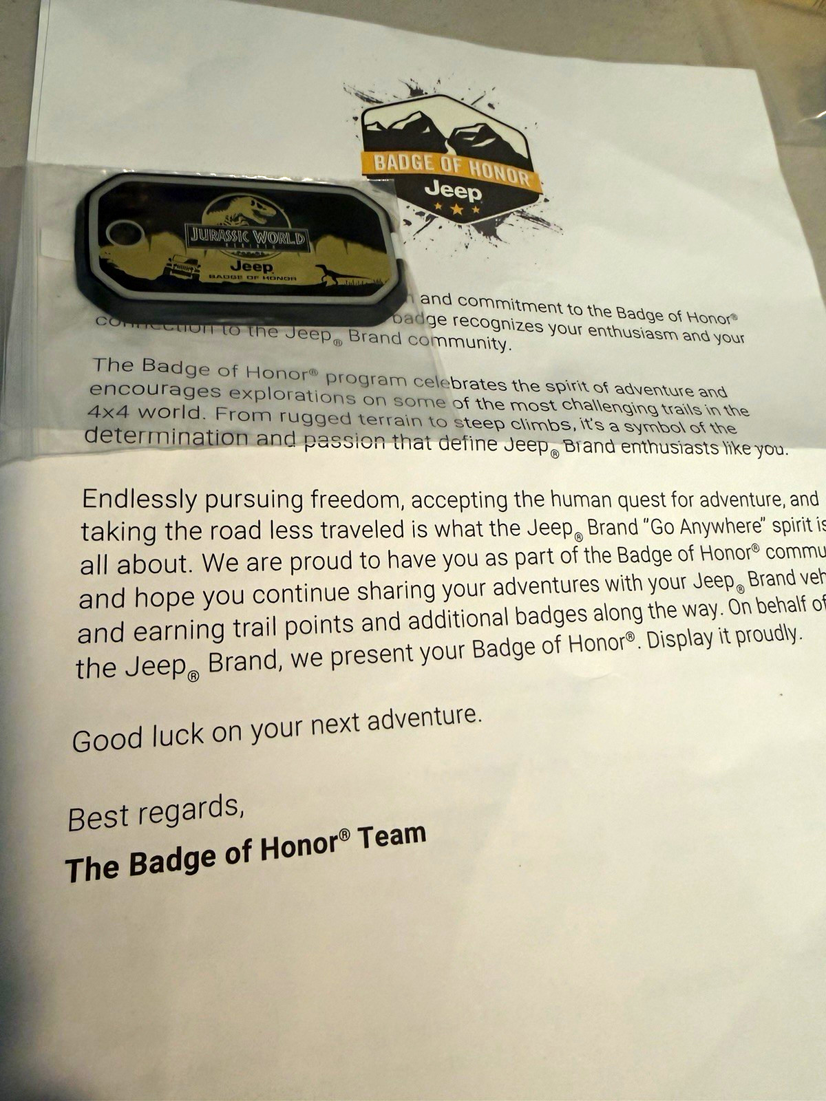 Jeep Badge of Honor Jurassic World Promo Emblem w/ Certificate Black Gold