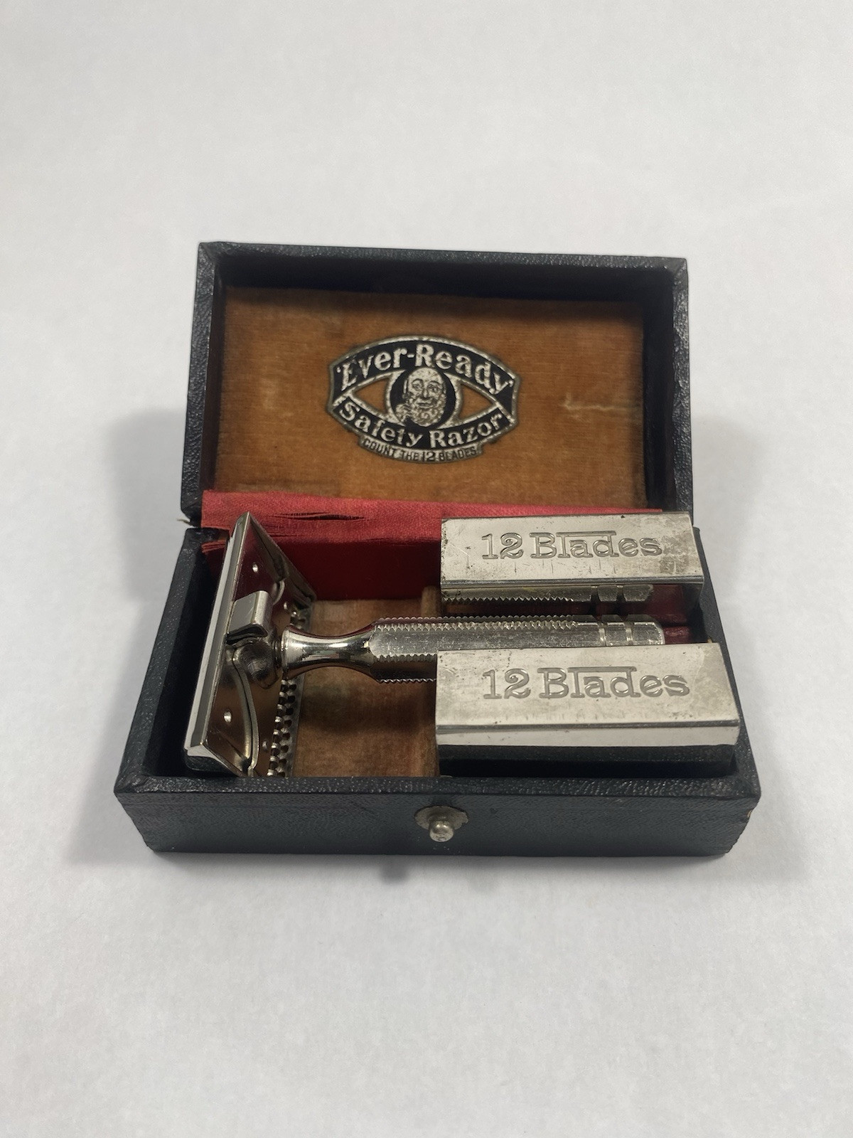 Vintage Ever-Ready Safety Razor w/ Case & 2 Blade Holders Single Chrome