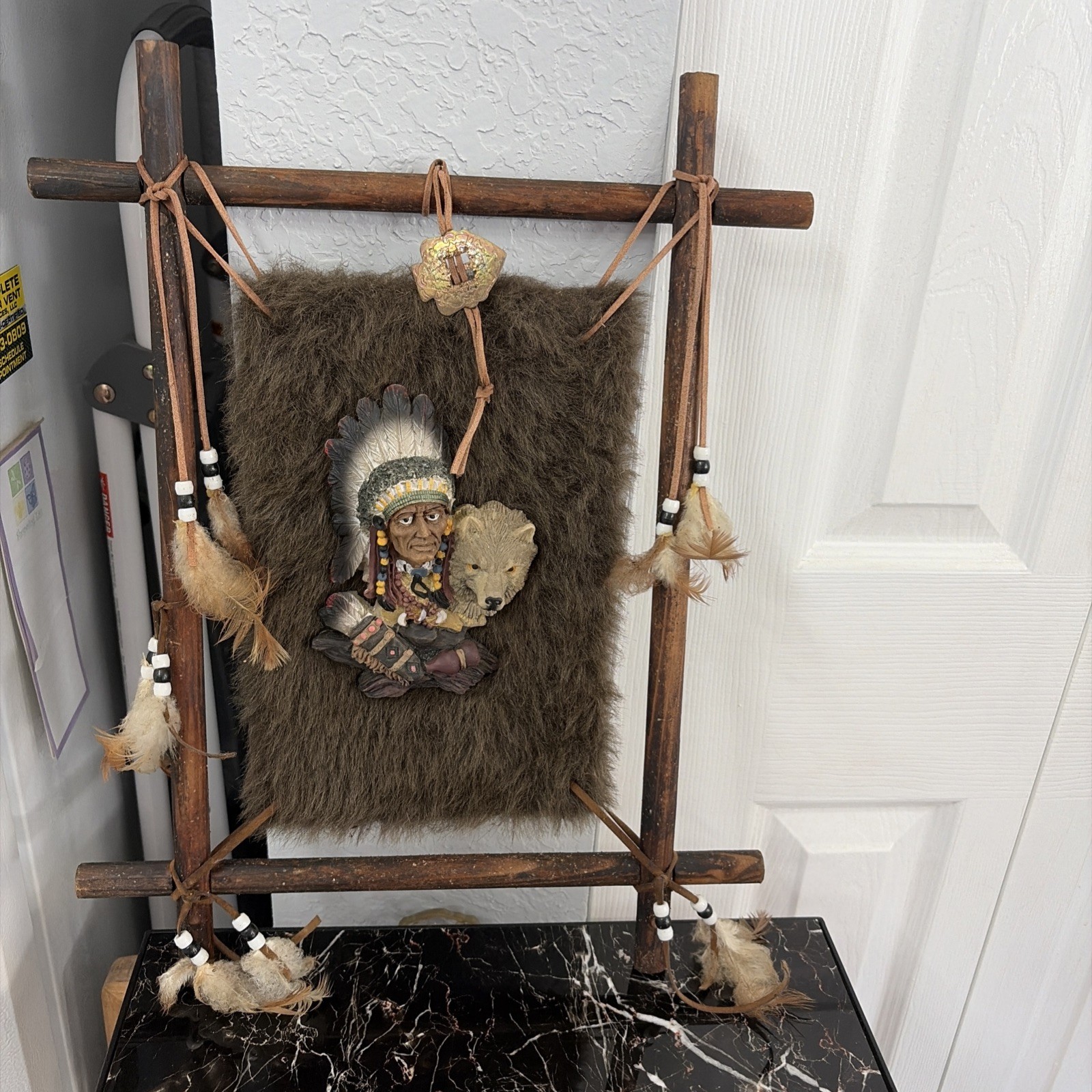 Vintage Native American Indian Dream Catcher Art with chief wolf fur &3 D style