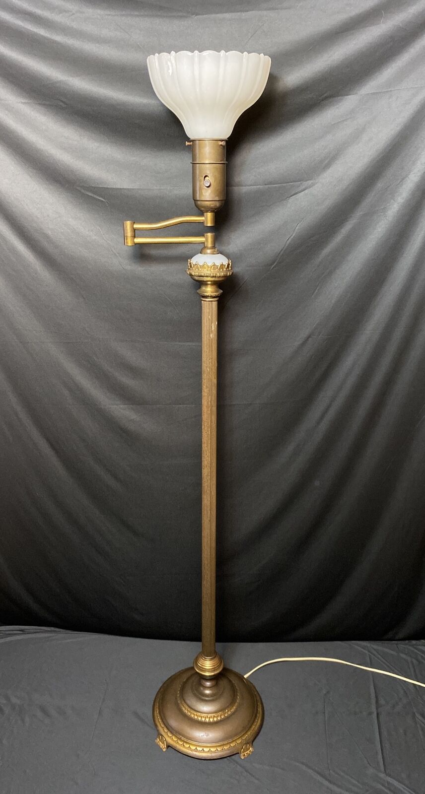 Antique Art Deco Metal Swing Arm Torchiere Floor Lamp Opaline Glass Gilt Iron
