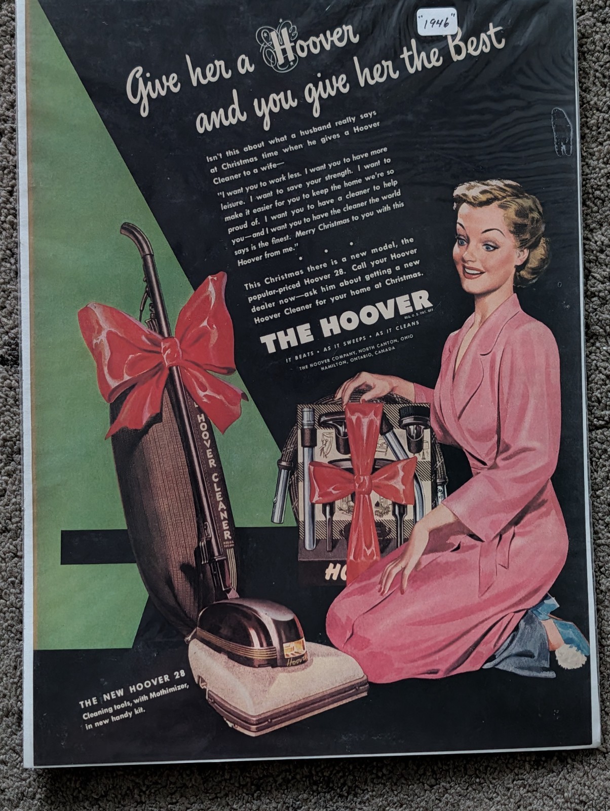 VTG 1946 Orig Magazine Ad HOOVER Vacuum Cleaner Christmas Gift The Best Given