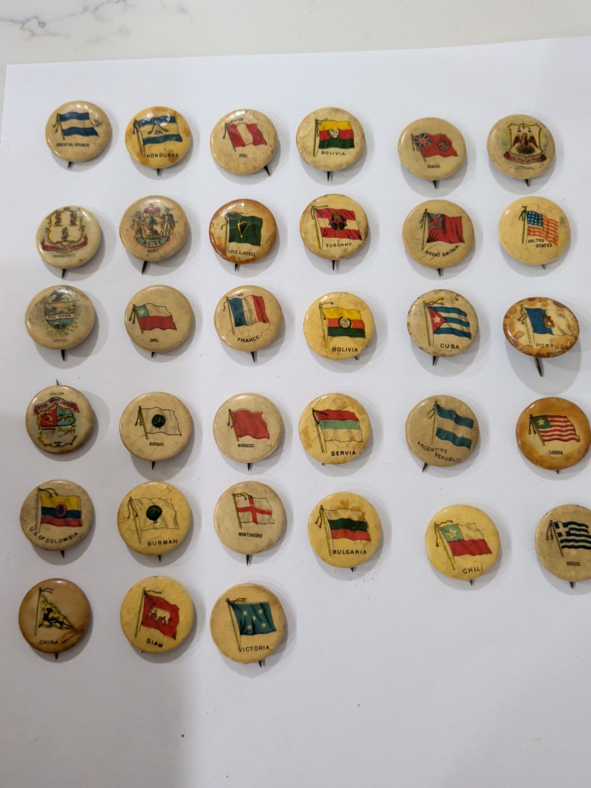 33 Vtg 1890s Sweet Caporal Tobacco Premium Flag Stickpins Lot Siam Servia