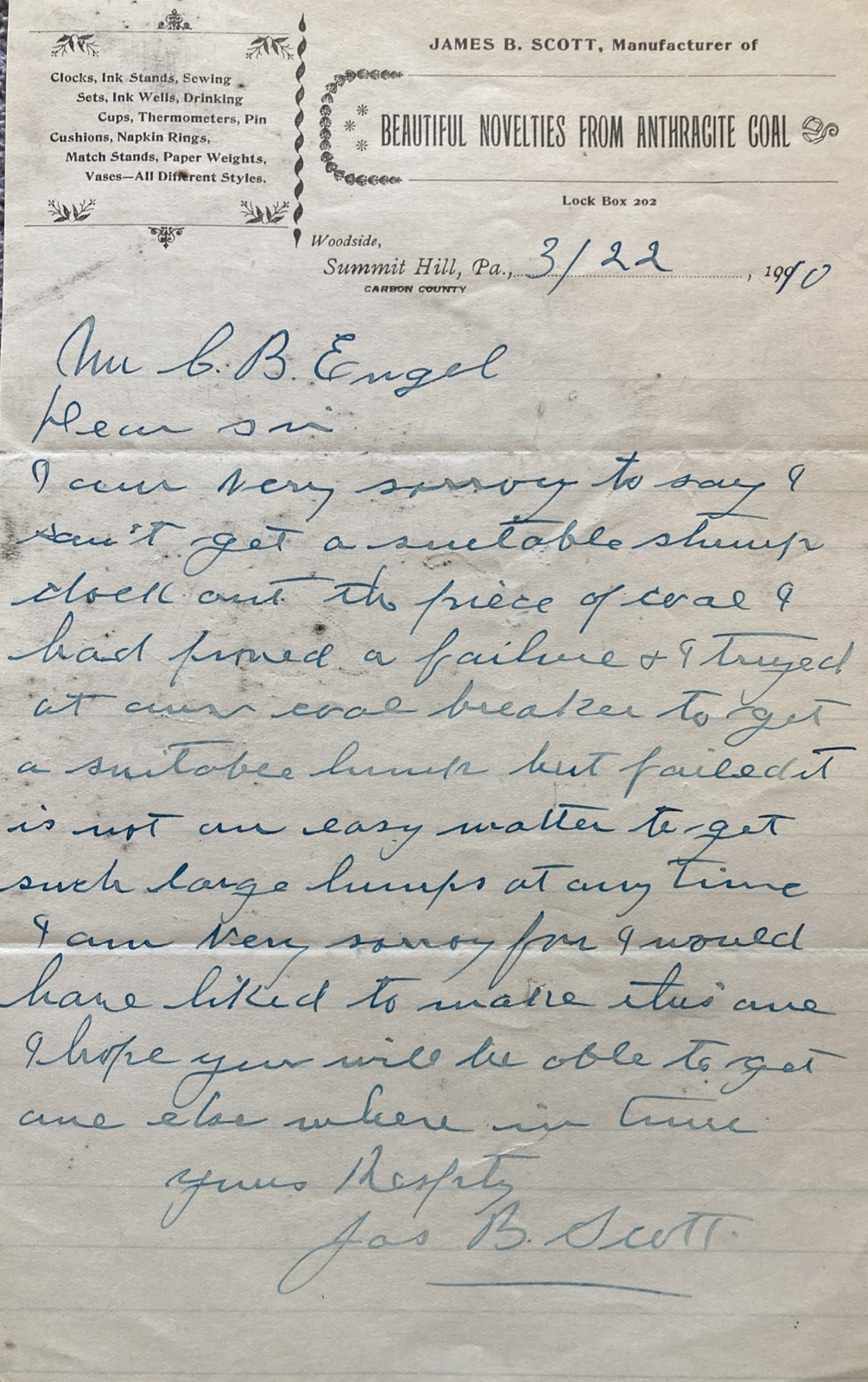 1910 Summit Hill Pennsylvania Carbon County Novelties Of Anthracite Coal Letter