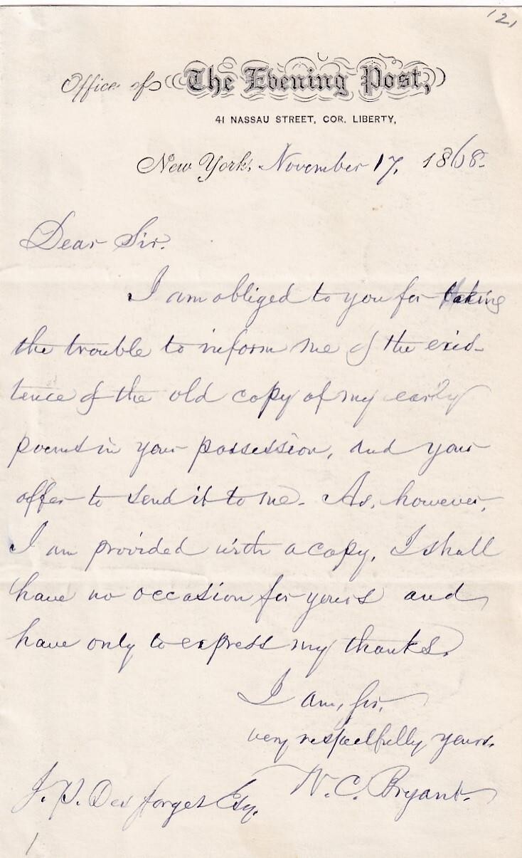 William Cullen Bryant-ALS from 1868 about his Poems w/Engraving