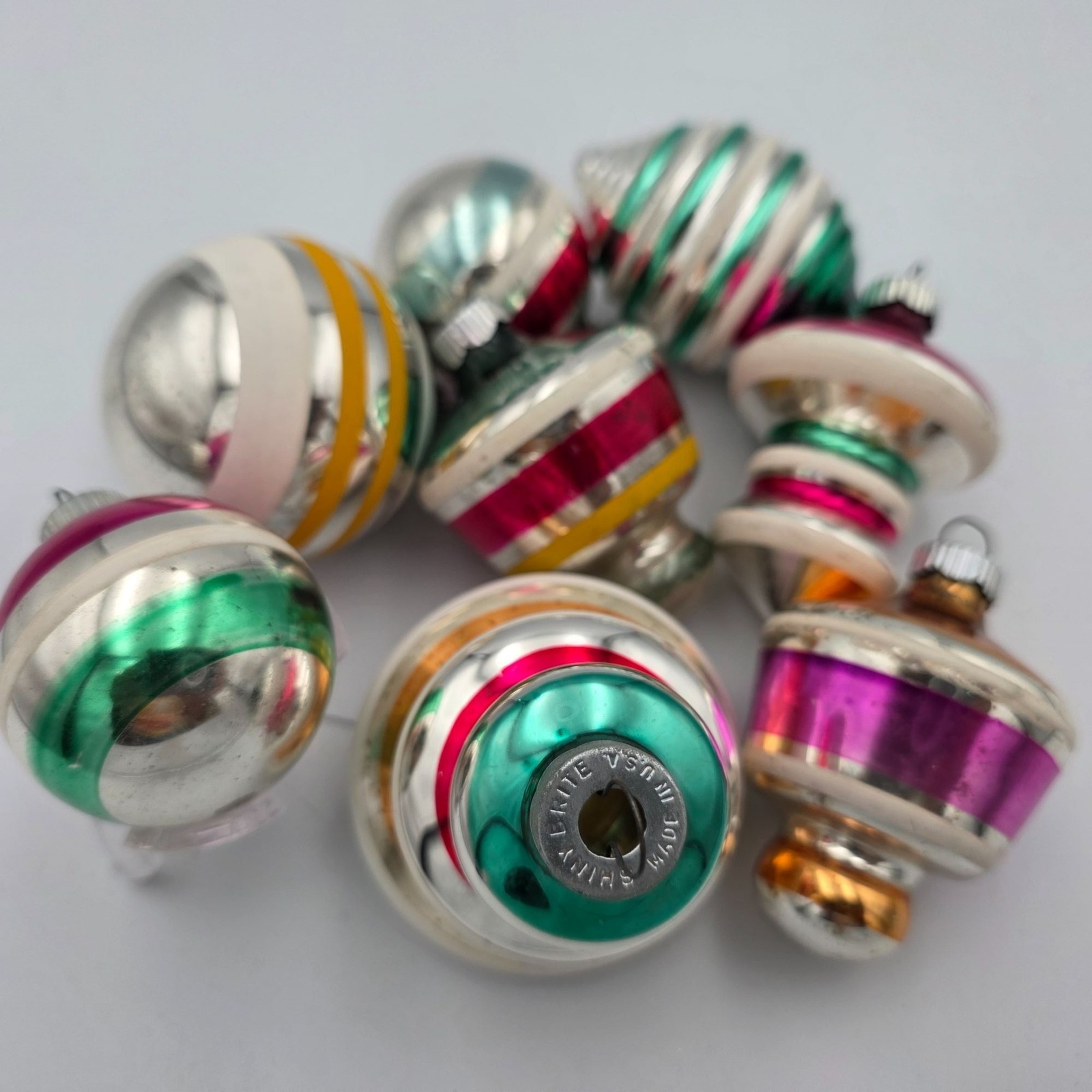 Vintage Shiny Brite Glass Christmas Ornaments Multicolor Stripes & Shapes Set Of
