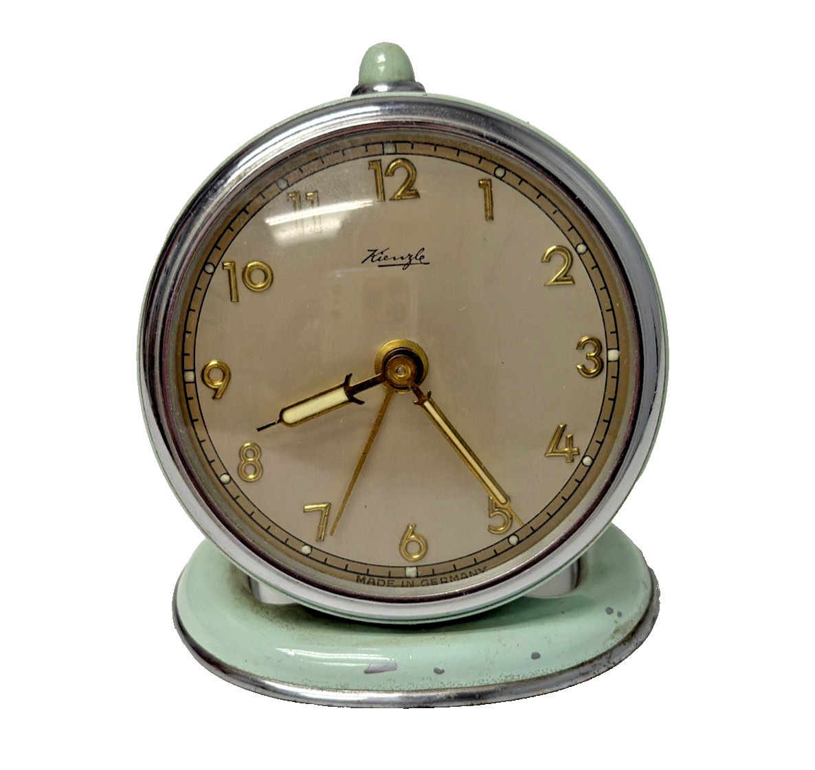 VTG 1950s Kienzle Mechanical Alarm Clock, pale green/silver, READ & see VIDEO