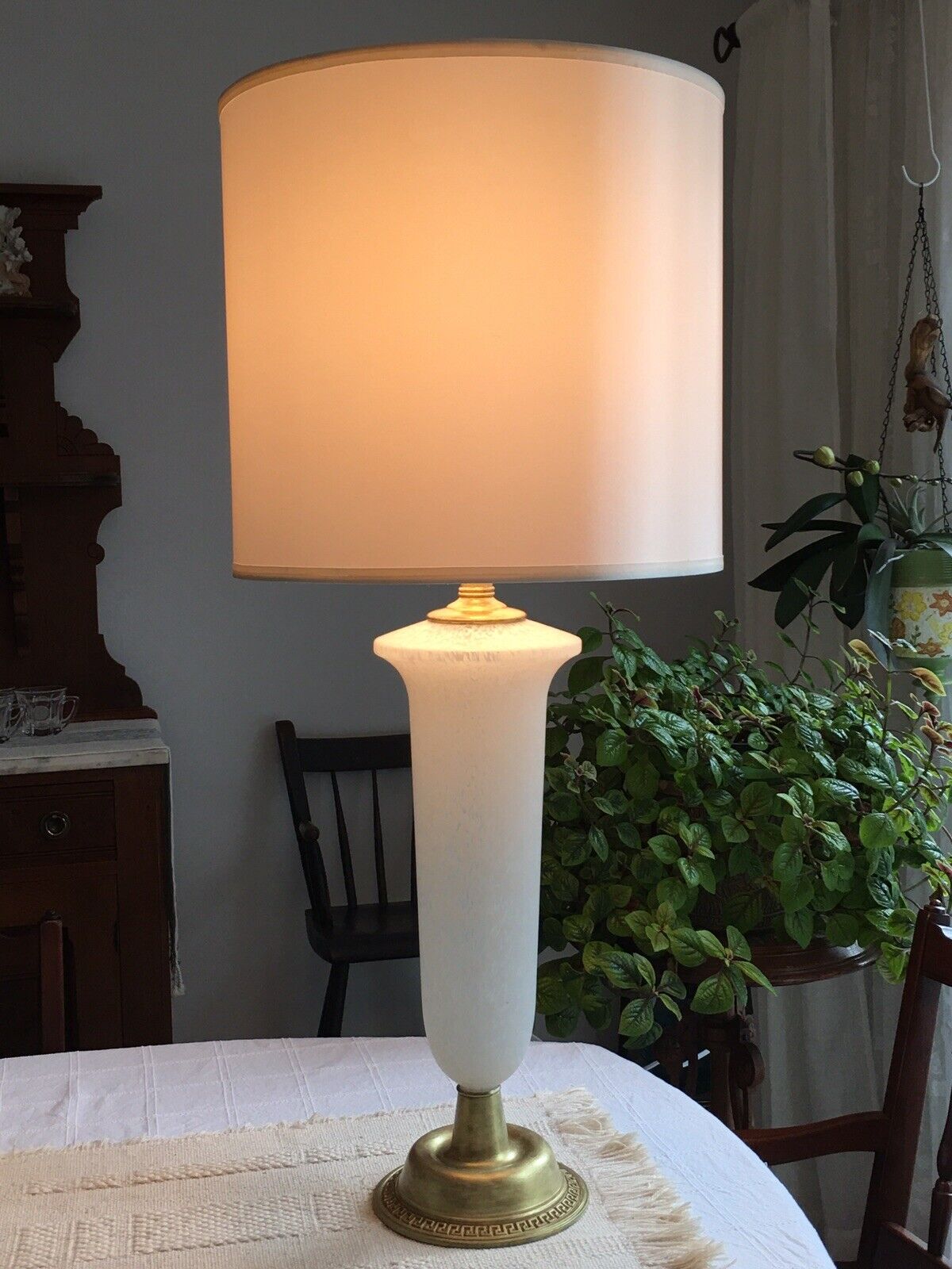 Vintage MCM Satin Finished Cased Murano White Spatter Glass Lamp