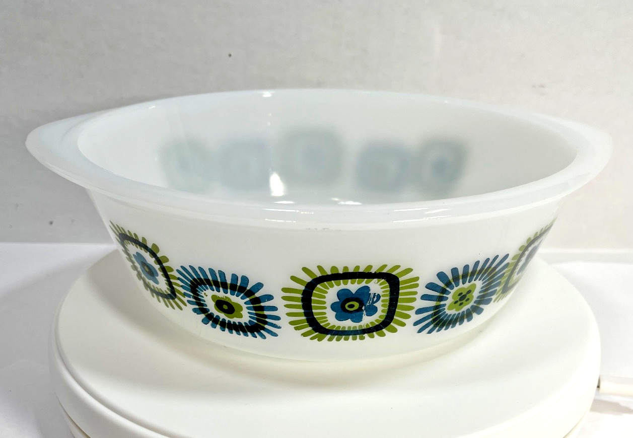 VTG Glasbake J-514 2 Qt Casserole Blue Green Peacock MCM USA