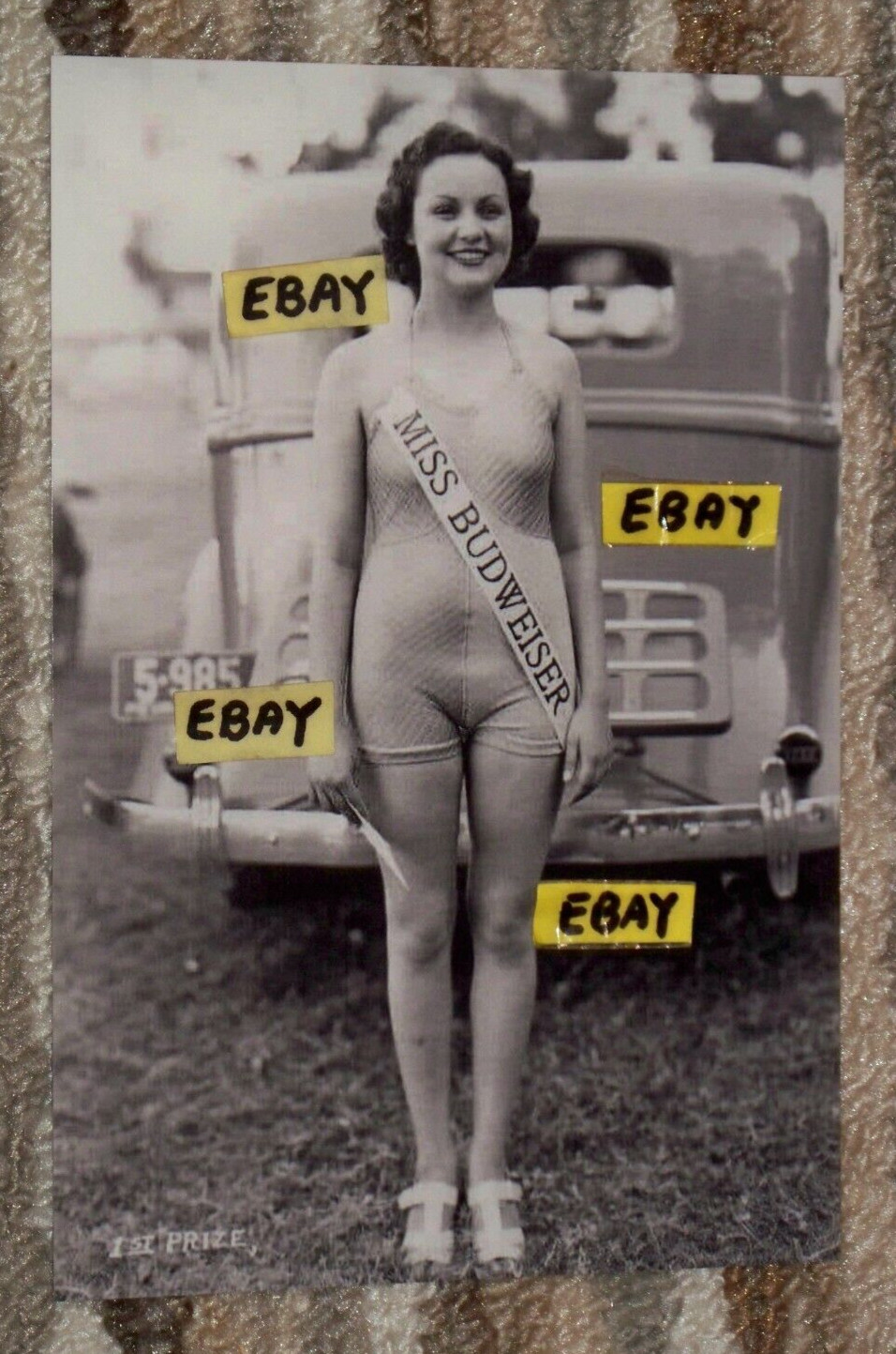 4X6 Vintage Artistic 1940\'s ? Photo Miss Budweiser 1 Pc Bathing Suit By Old Car