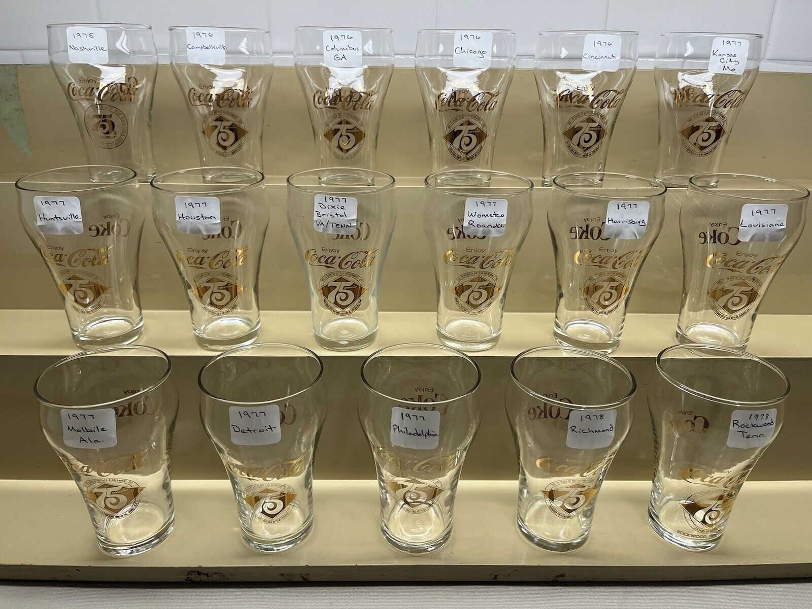 CHOICE Coca-Cola 1970\'s GOLD 75th Anniversary Bell Shape Glass 17 DIFFERENT VG+
