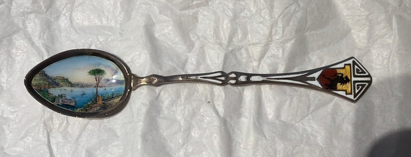 Vintage Italian 800 Silver Guilloche Enamel Napoli Naples Souvenir Spoon 5 1/4”
