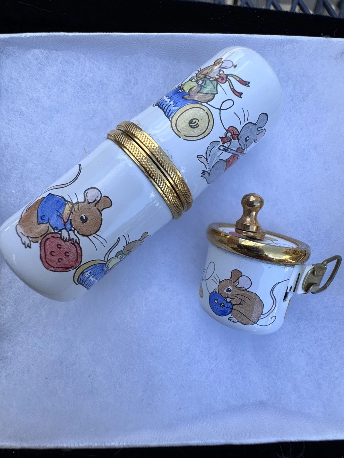 Staffordshire England Hand Painted & Signed JR w Mice Enamel Tape Measure & Case