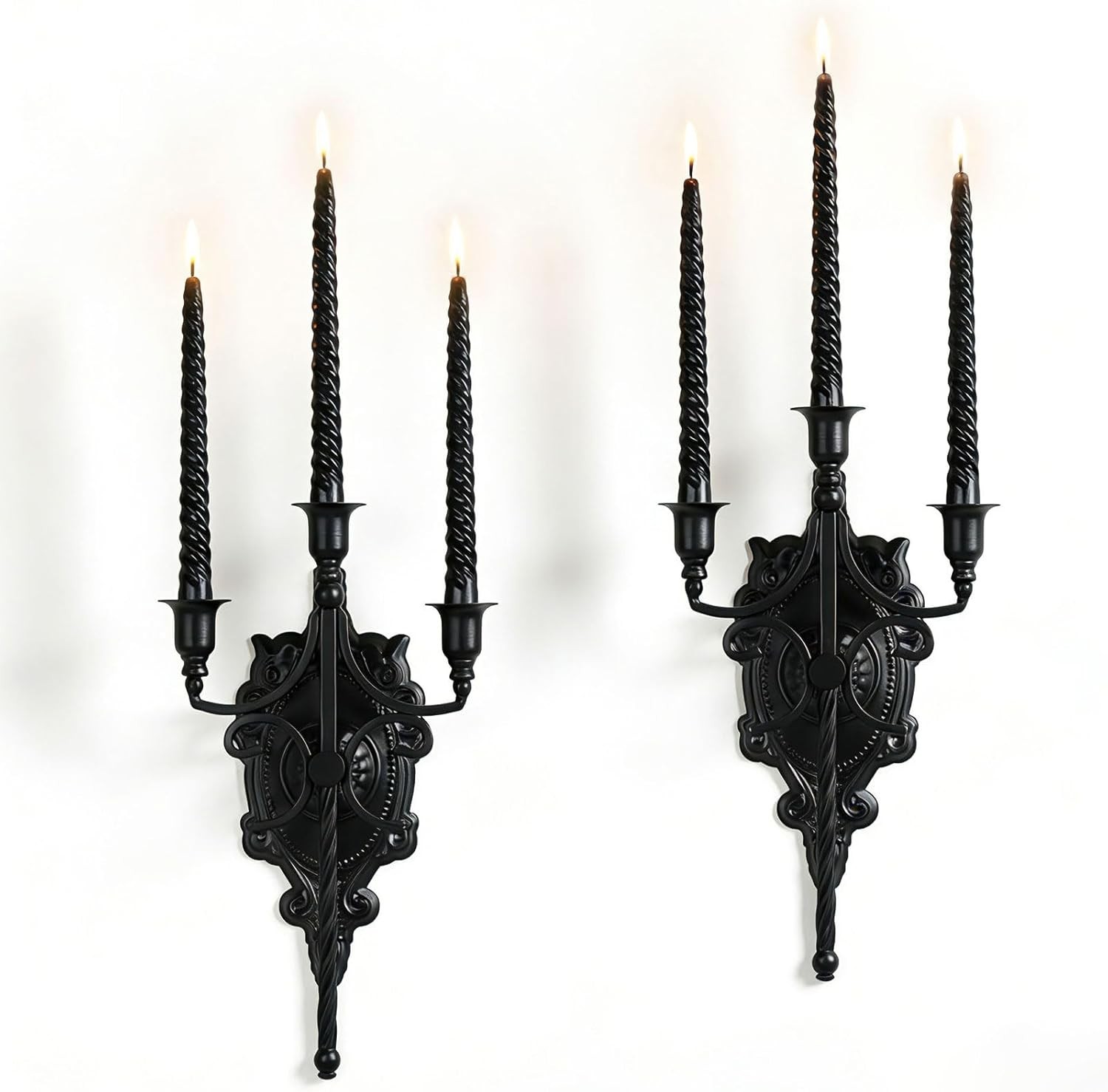 3-Arm Gothic Wall Sconce Set of Two, Victorian Metal Candle Holder for Taper Can