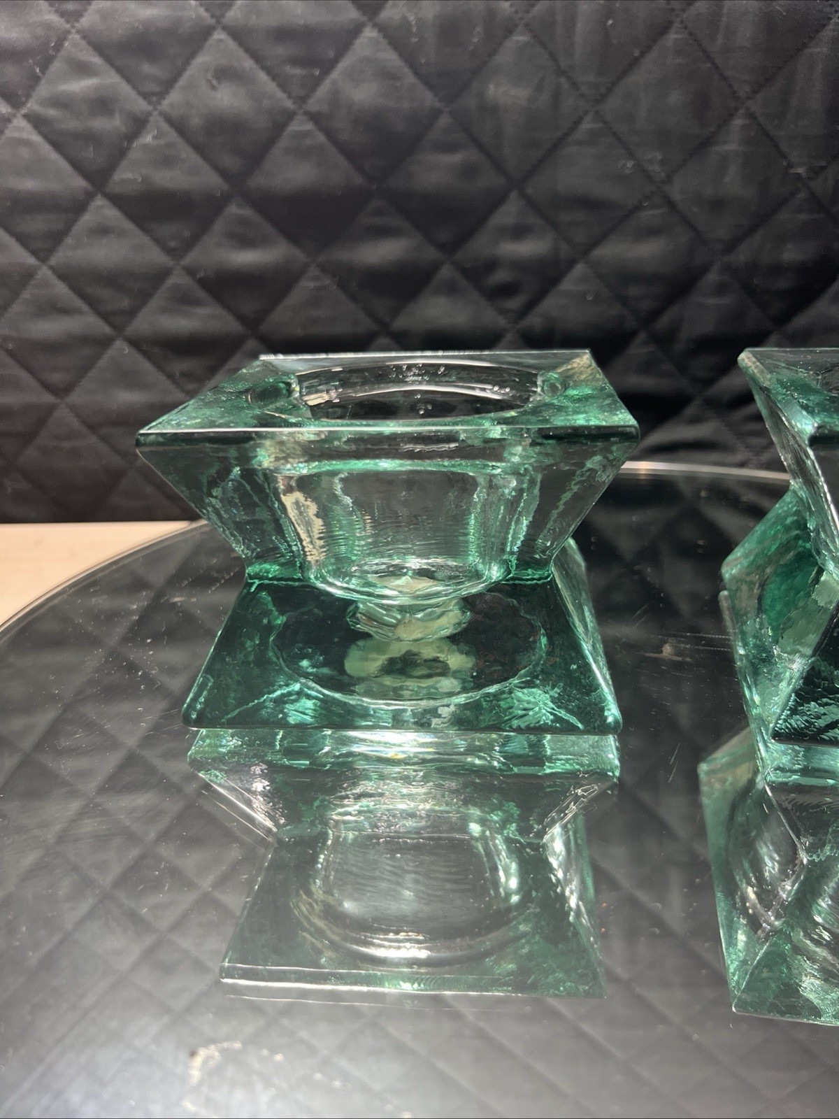 (2) VTG Vidrios San Miguel Aquamarine 100% Recycled Glass Pillar Candle Holders (2) VTG Vidrios San Miguel Aquamarine 100% Recycled Glass Pillar Candle Holders