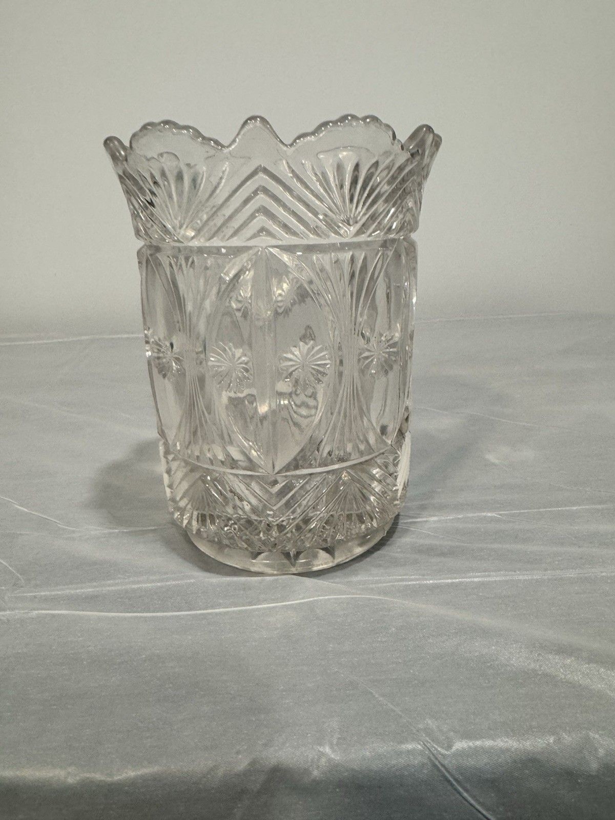 Antique Clear Pressed Glass Jar Vase Scalloped Rim Starburst Base