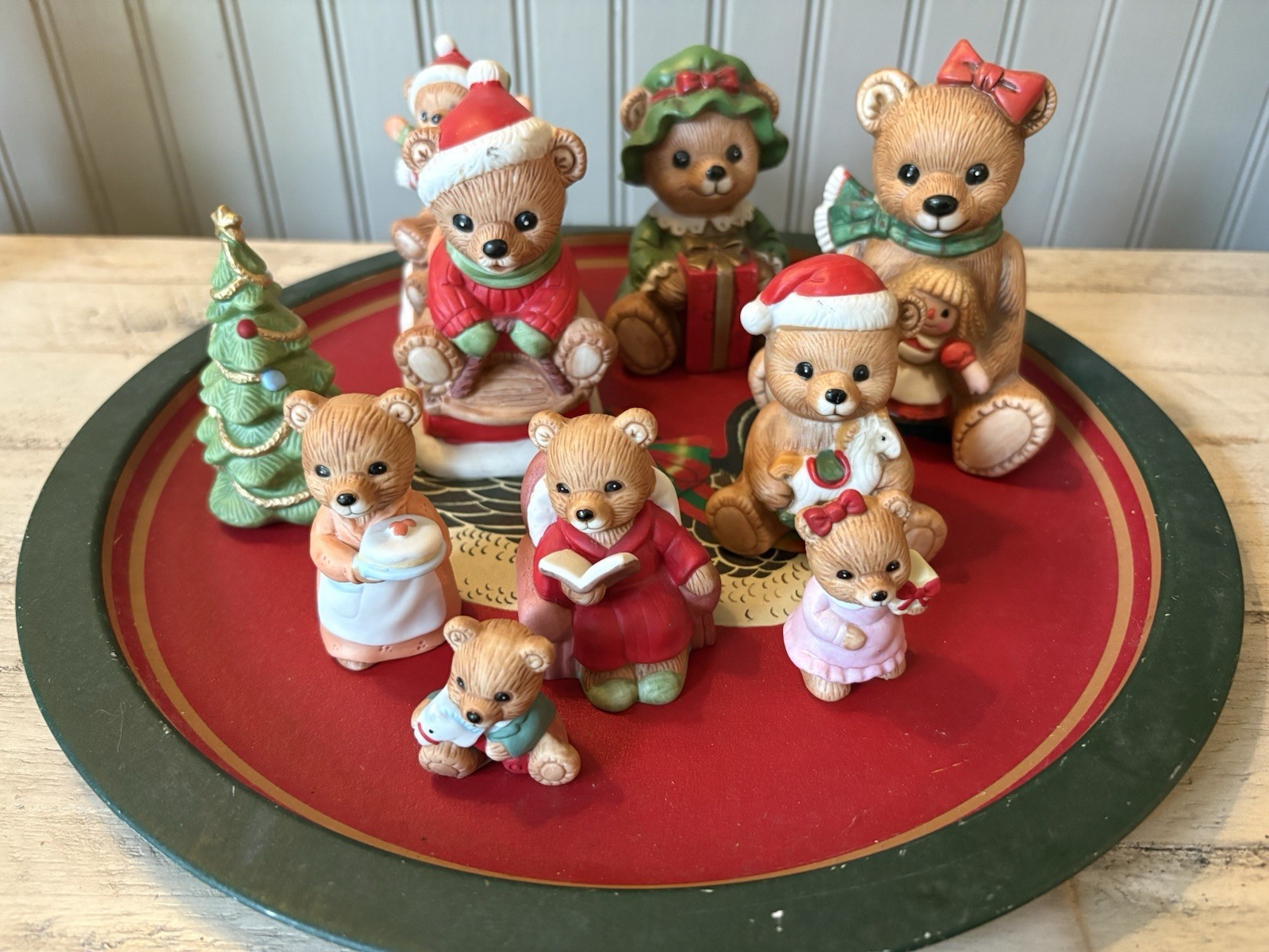 Vtg Homeco Christmas Teddy Bear Figures 10 Pc Lot With 🎄Tin Platter READ