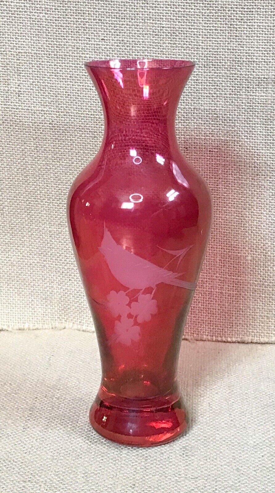 Vintage Pink Fuchsia Etched Frosted Bird Glass Vase MCM