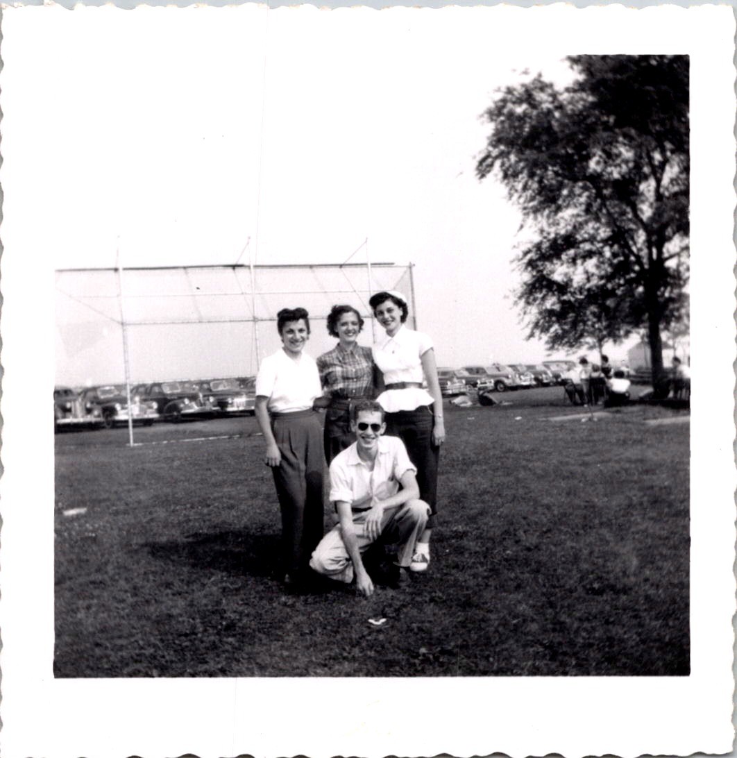 Smiling Young Friends on Grassy Field, 1950s B&W Snapshot Photo