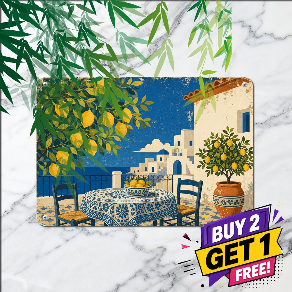 Blue White Terrace Architecture Mediterranean Lemon Courtyard Metal Tin Plaque