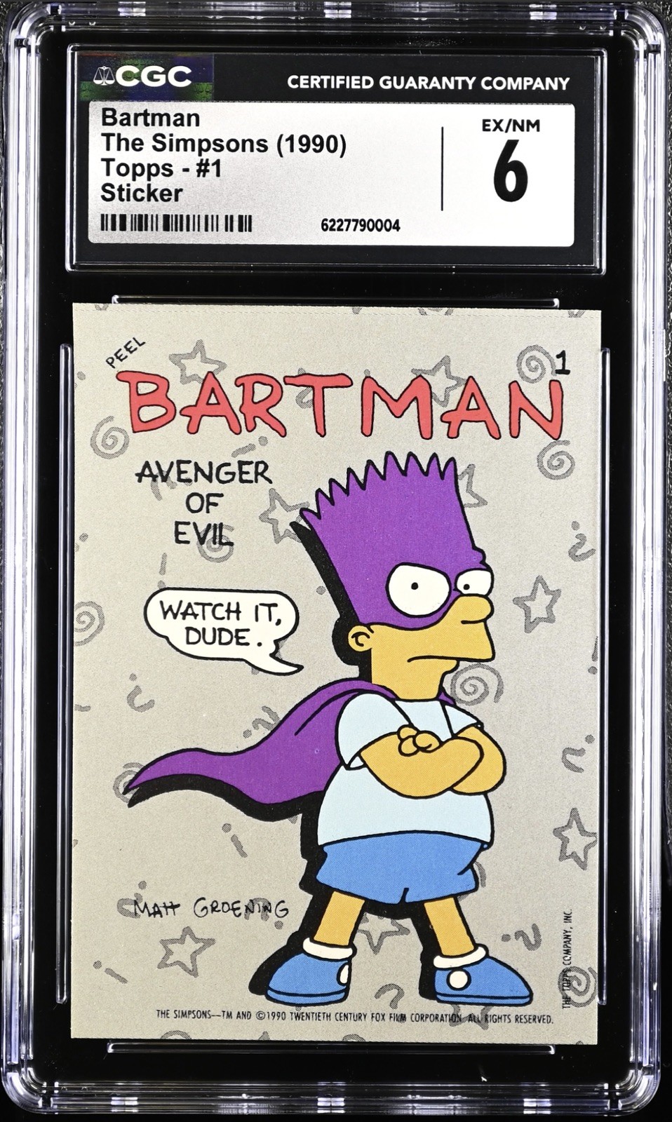 1990 TOPPS SIMPSONS STICKERS #1 BARTMAN CGC 6 Sharp, Great Color, Looks Nicer