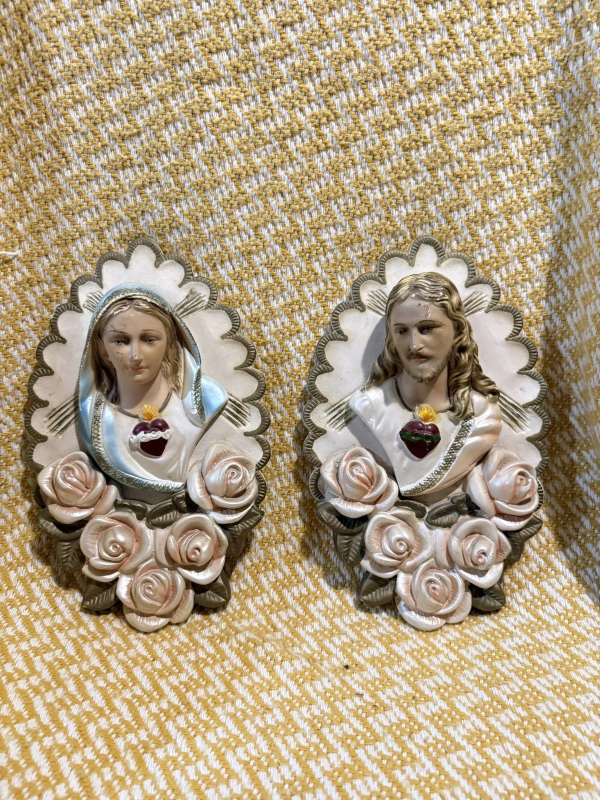 VTG 60's Chalkware Jesus Virgin Mary Wall Hangings 10.5