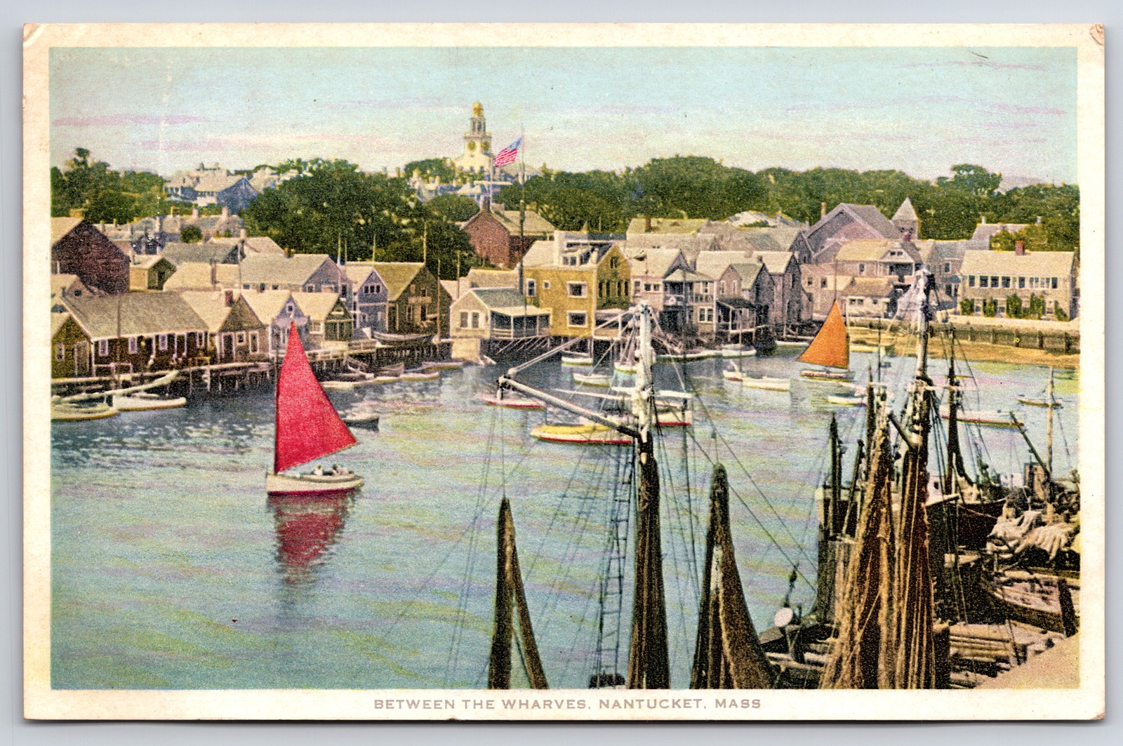 1930 Nantucket MA Between the Wharves Sailboats Harbor Phostint Postcard