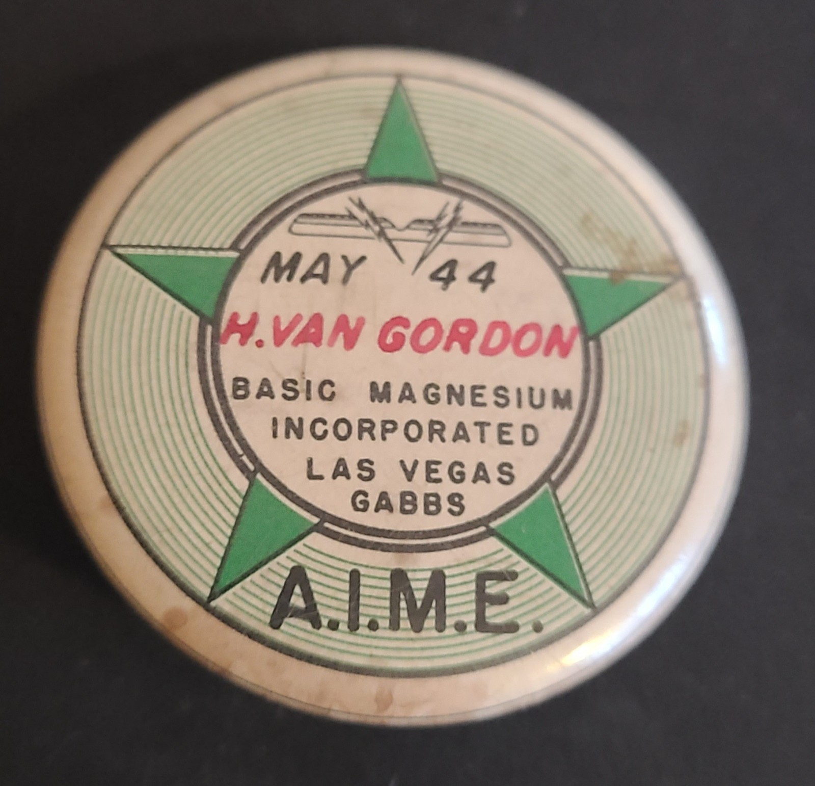Vintage 1944 WWII Pinback Button Basic Magnesium Incorporated A.I.M.E. Las Vegas