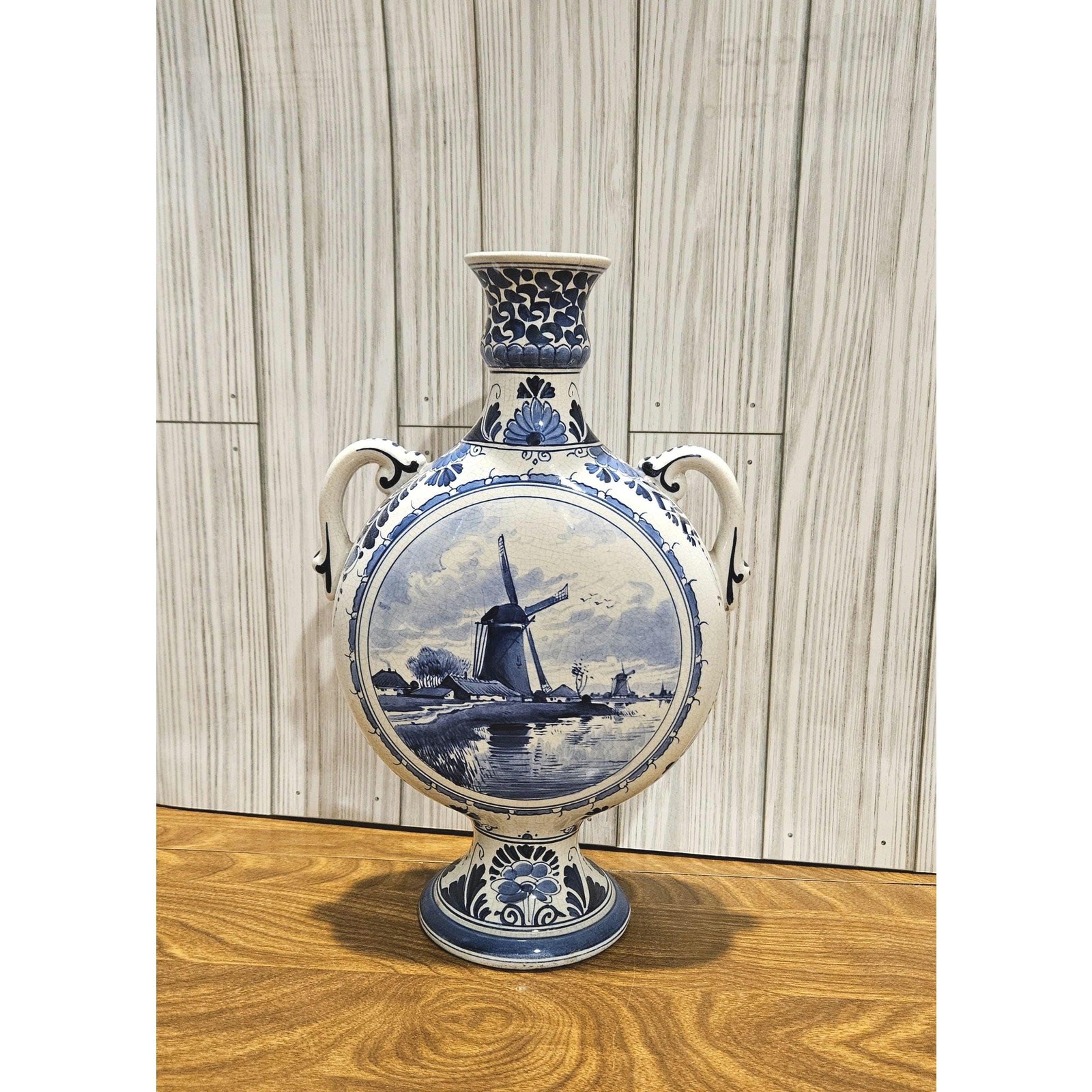 Antique Royal Delft Moon Vase 1905 Pilgrim Flask Hand Painted Windmill