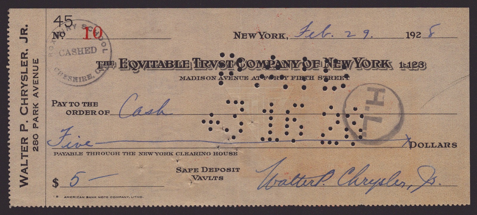 WALTER P. CHRYSLER, JR - AUTOGRAPHED SIGNED CHECK 02/29/1928